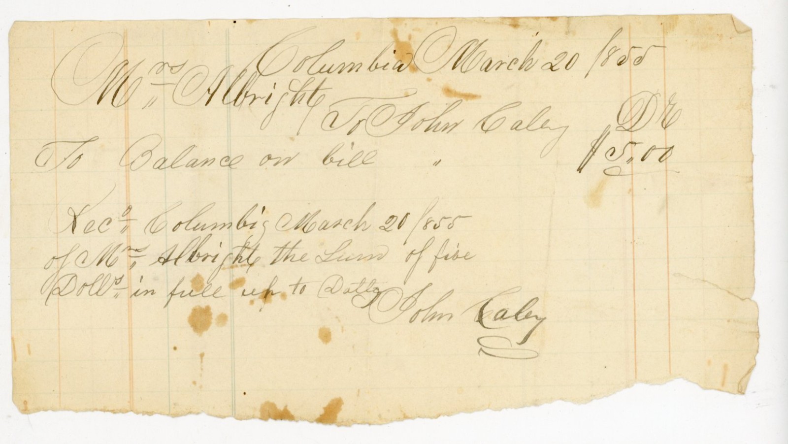 1855 Handwritten Receipt Columbia PA $5 Paid in Full John Caley Signed 1855 Handwritten Receipt Columbia PA $5 Paid in Full John Caley Signed
