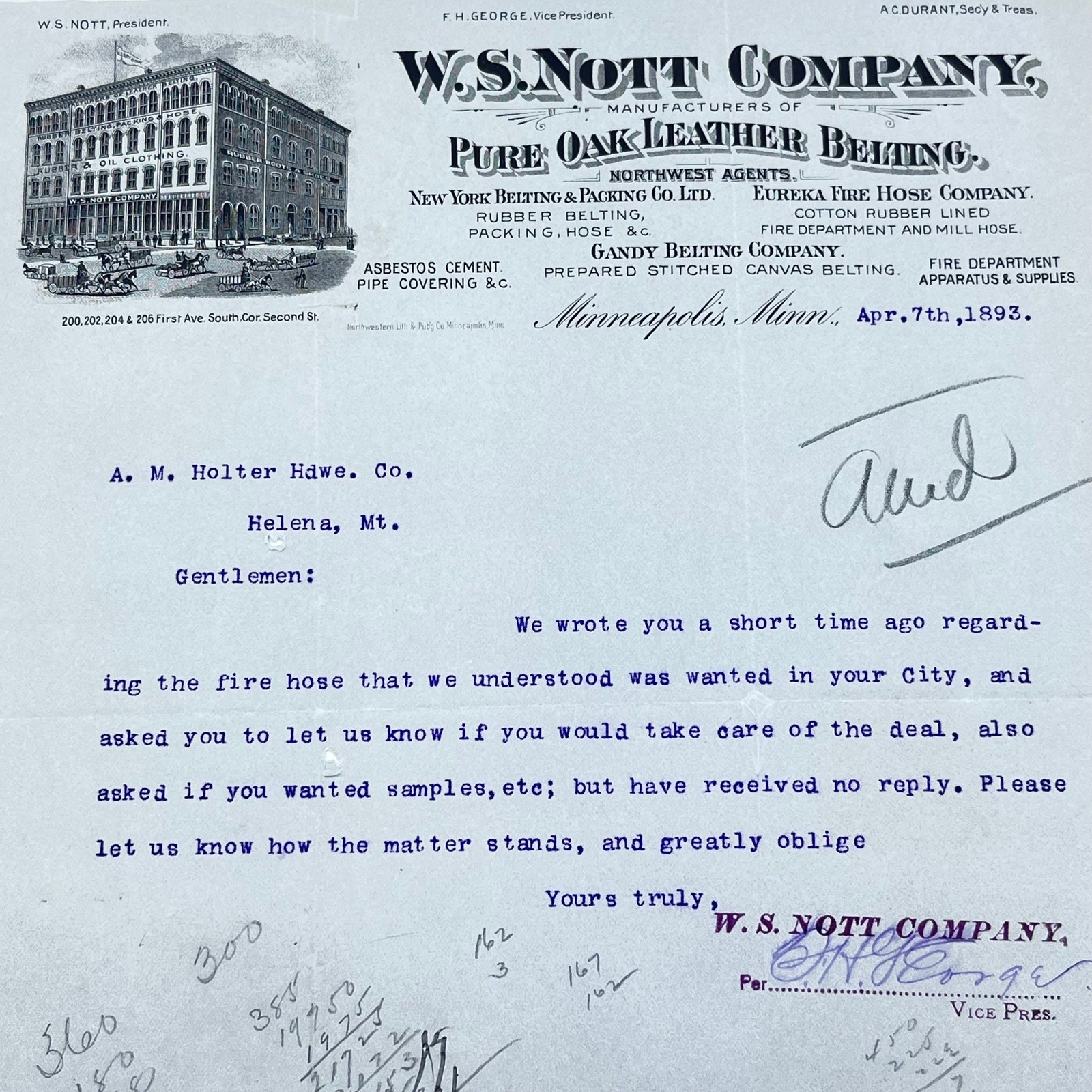 1893 W.S. Nott Company Oak Leather Belting Letterhead Minneapolis MN AB5 1893 W.S. Nott Company Oak Leather Belting Letterhead Minneapolis MN AB5