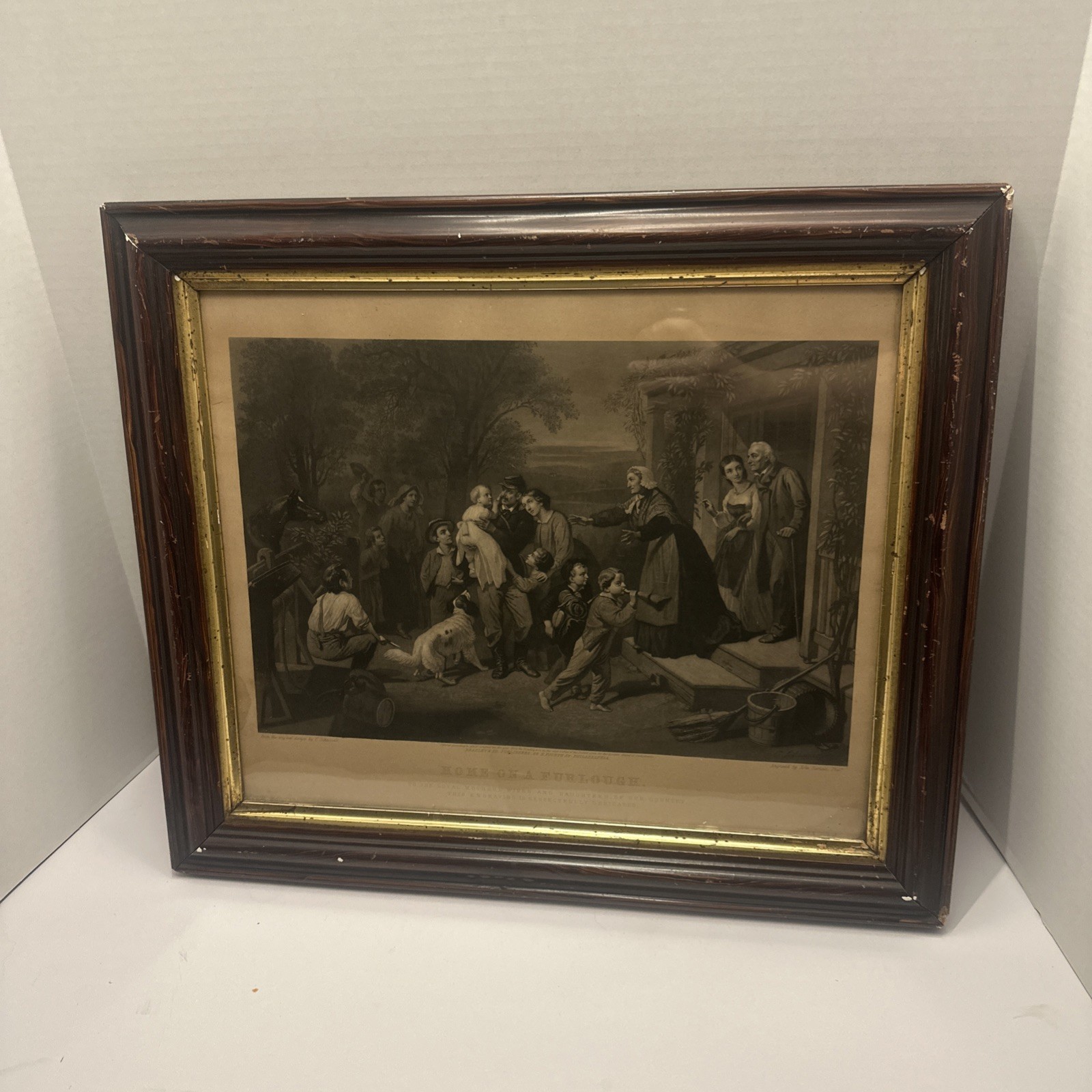 ORIGINAL 1864 Civil War Steel Engraving Home on a Furlough  Sartain  FRAMED