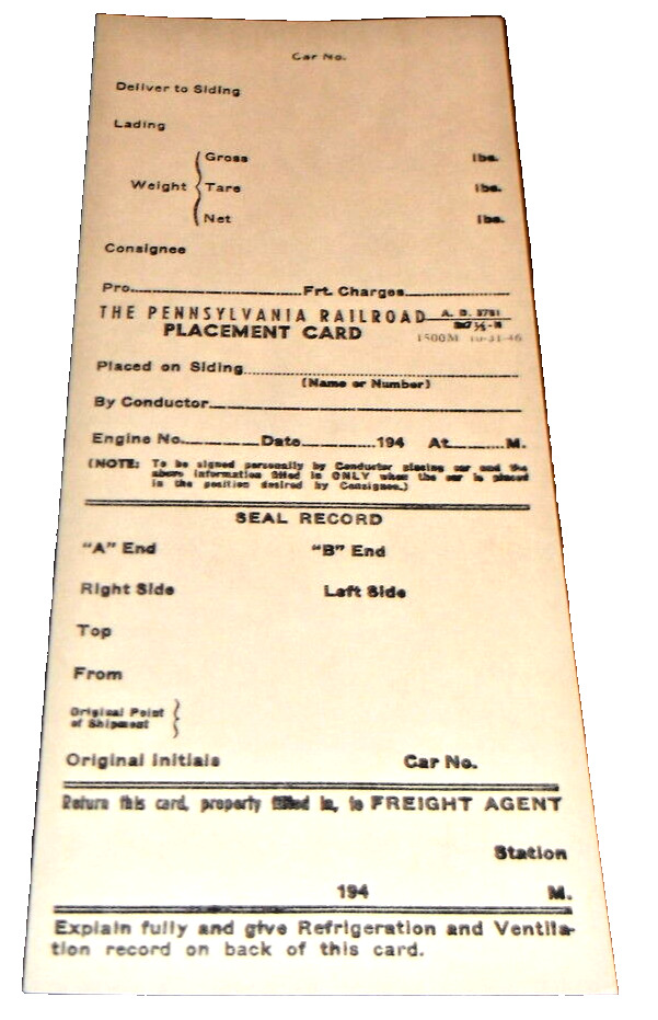 OCTOBER 1946 PRR PENNSYLVANIA RAILROAD FREIGHT CAR PLACEMENT CARD