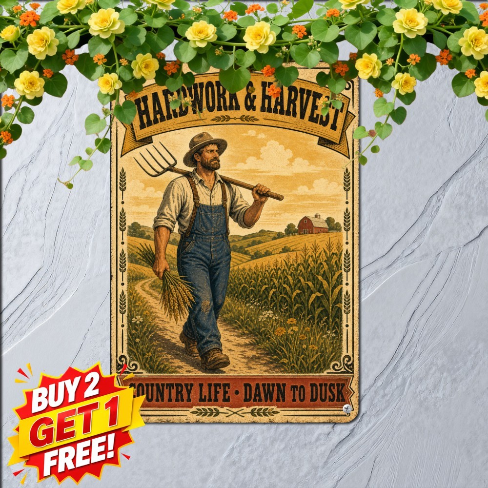 Hardworking Farmer In Cowboy Hat Poster Sign Rustic Farm Labor Metal Plaque