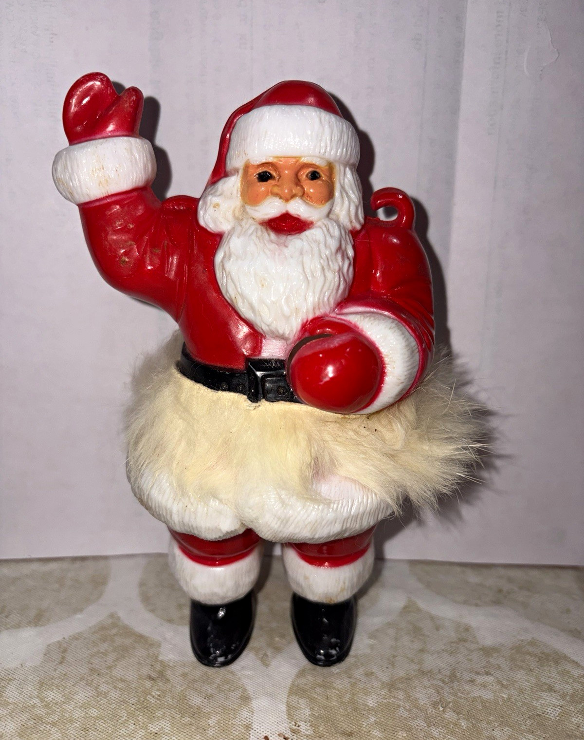 Vintage 1950s Rosbro Waving Santa 6” Hard Plastic Fur Trim MCM Christmas USA