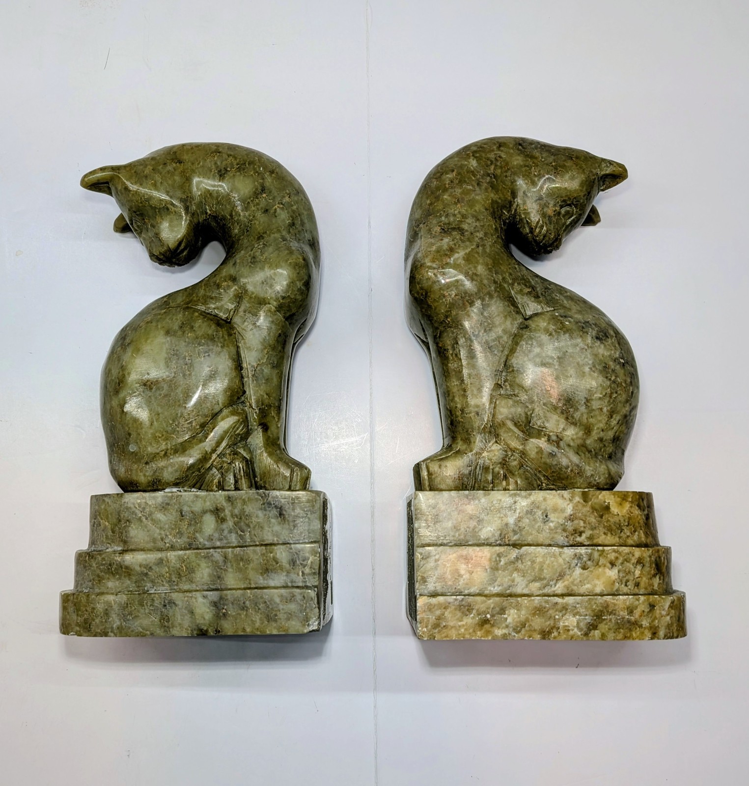 Vintage MCM Hand-Carved Marble Cat Bookends Pair 7
