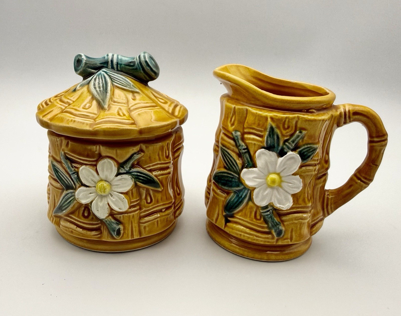 Vintage Tiki Bamboo Flower Ceramic Sugar and Creamer Mid Century Modern Japan Vintage Tiki Bamboo Flower Ceramic Sugar and Creamer Mid Century Modern Japan