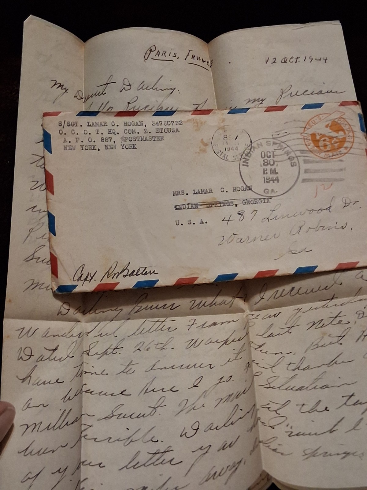 Oct 12 1944 WW2 Paris France Love Letter Sgt Lamar Hogan Oct 12 1944 WW2 Paris France Love Letter Sgt Lamar Hogan