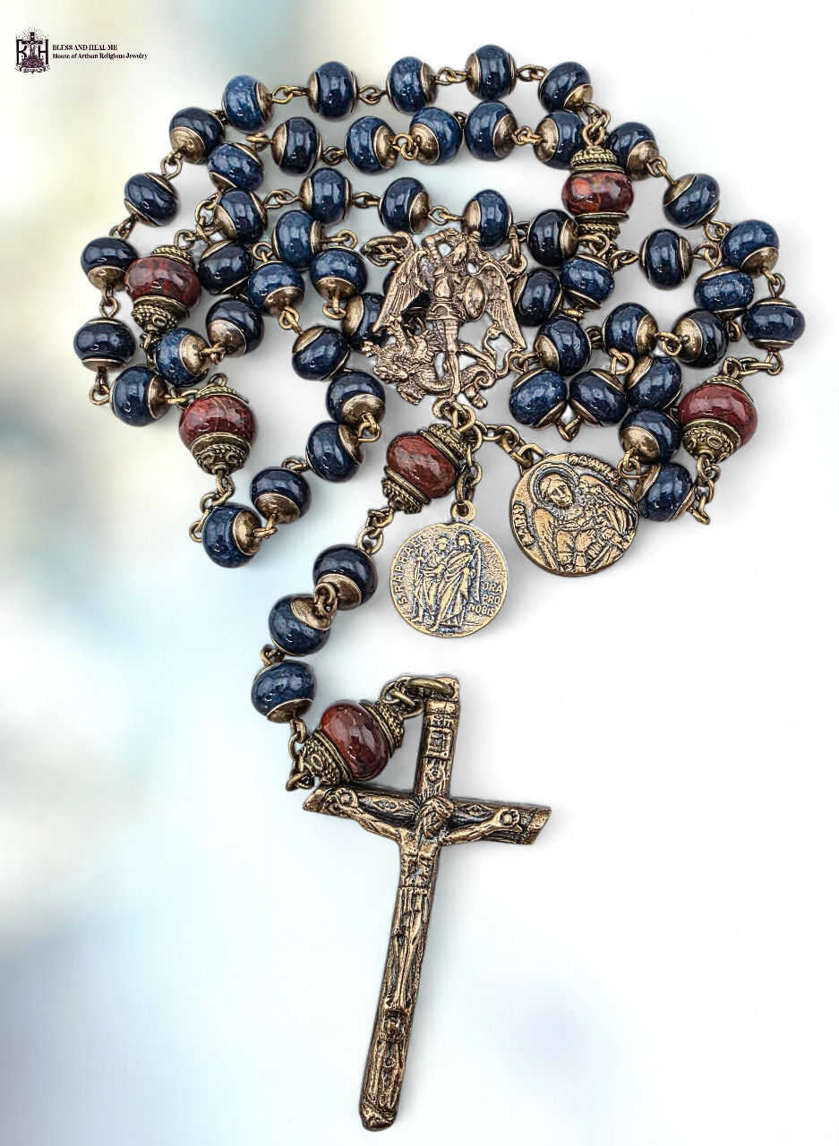 Archangels Michael Raphael Gabriel Premium Bronze Rosary | Heirloom | Blue Jade