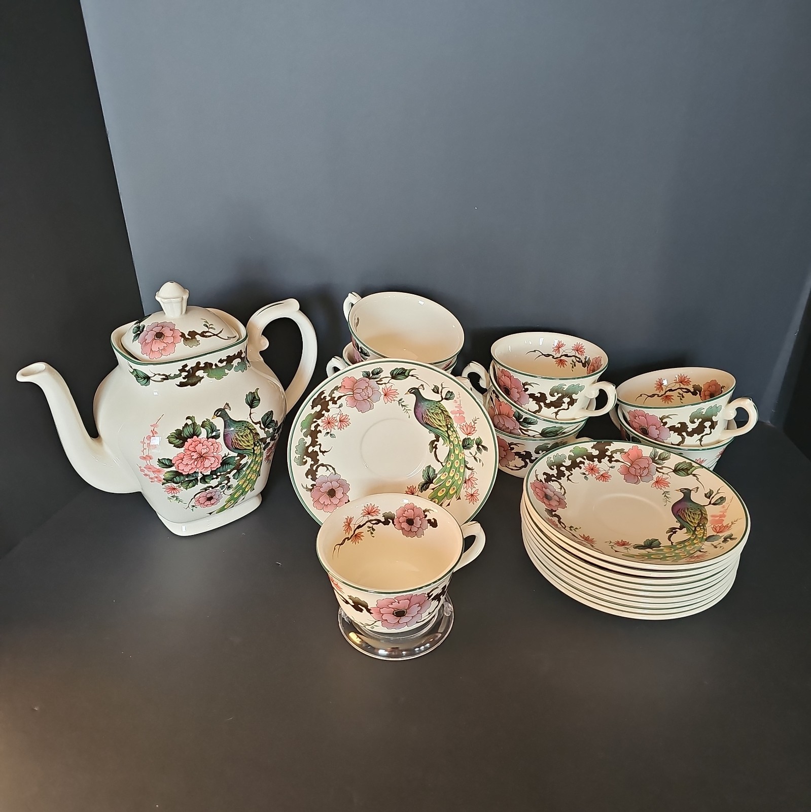 Vintage Myott Meakin Exotic Garden Peacock TeaSet Teapot 10 Cups/Saucers England