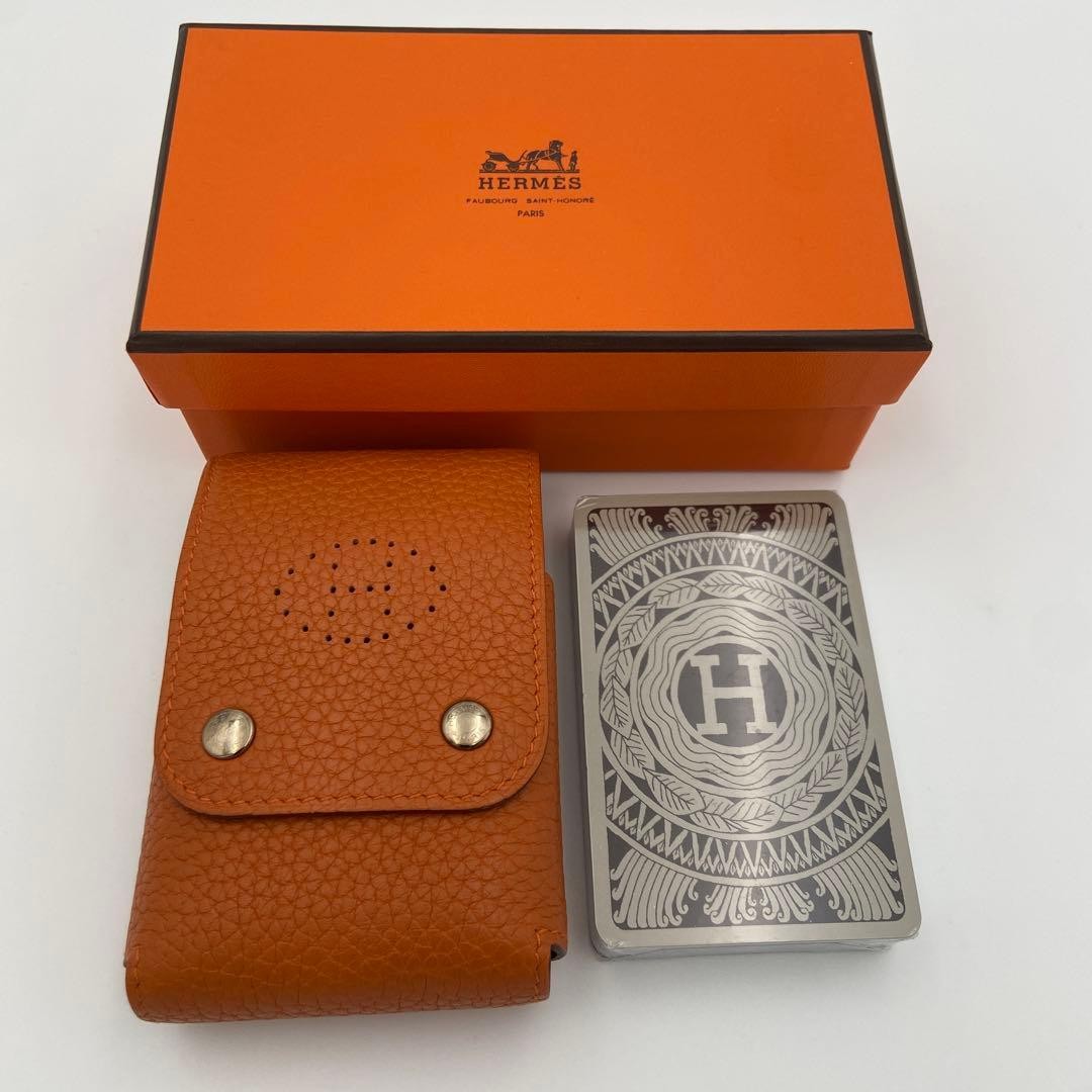 HERMES Playing Card & Cigarette Leather Case Orange H Logo W/Box Good Condition