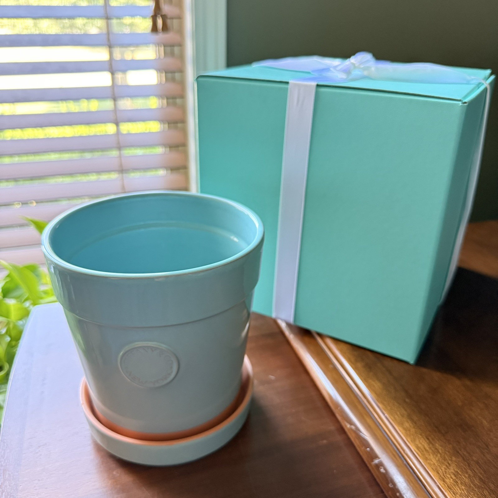 TIFFANY & CO. Glazed Terra Cotta Planter w Saucer Blue Ceramic Flower Pot NEW TIFFANY & CO. Glazed Terra Cotta Planter w Saucer Blue Ceramic Flower Pot NEW