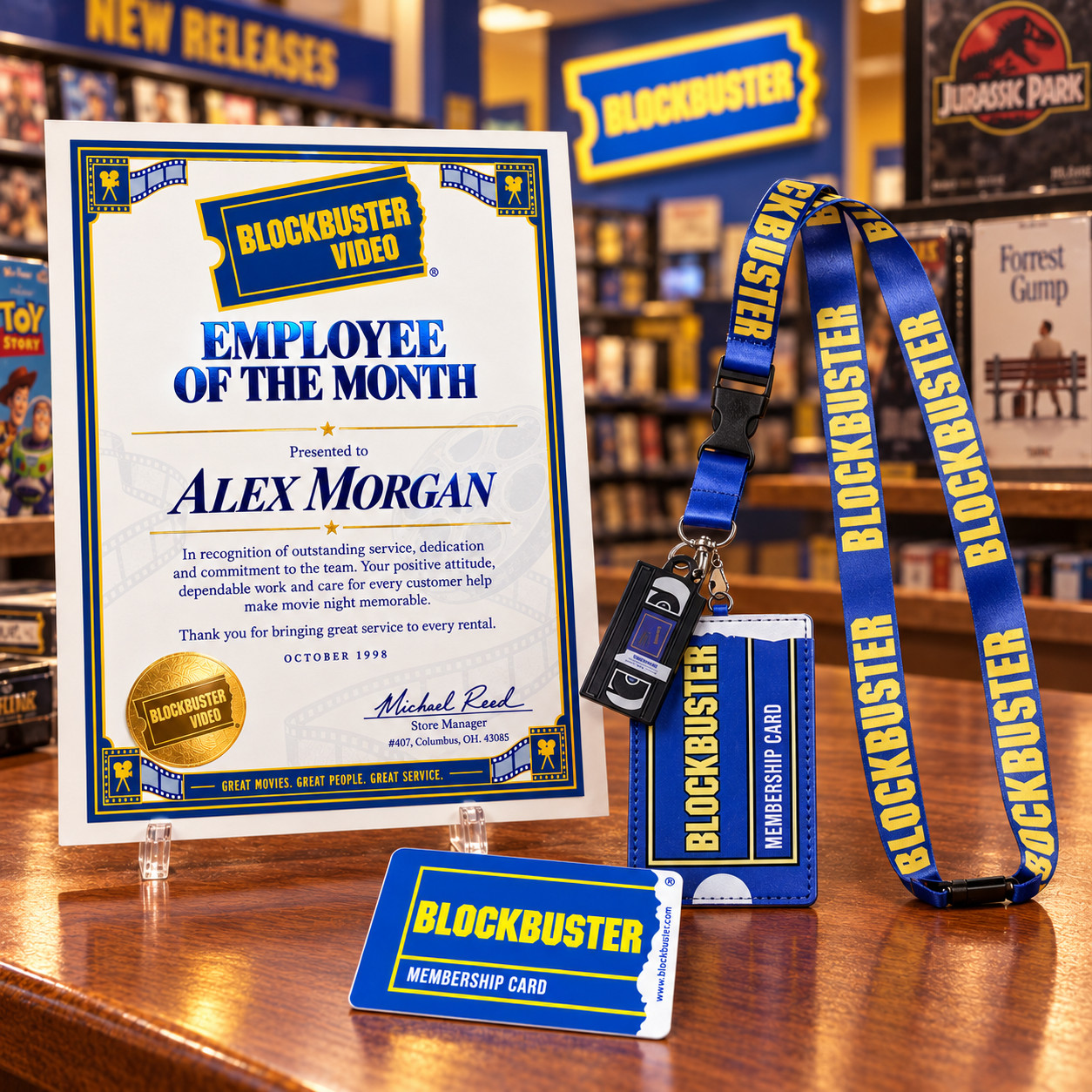 Personalized Blockbuster Video ID Card & Employee Certificate Retro Gift Bundle
