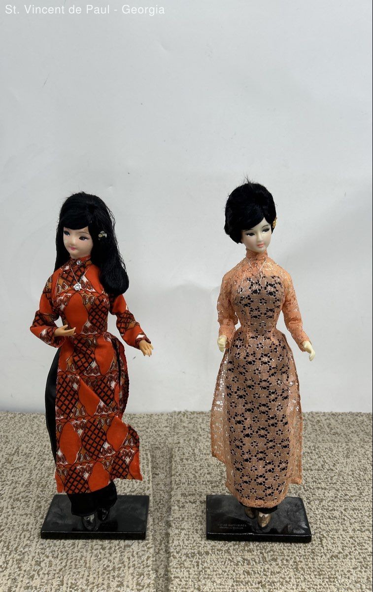 Pair 1960s Vietnamese Lady Doll Made in Vietnam Red Dress Black Pants Pink Dress