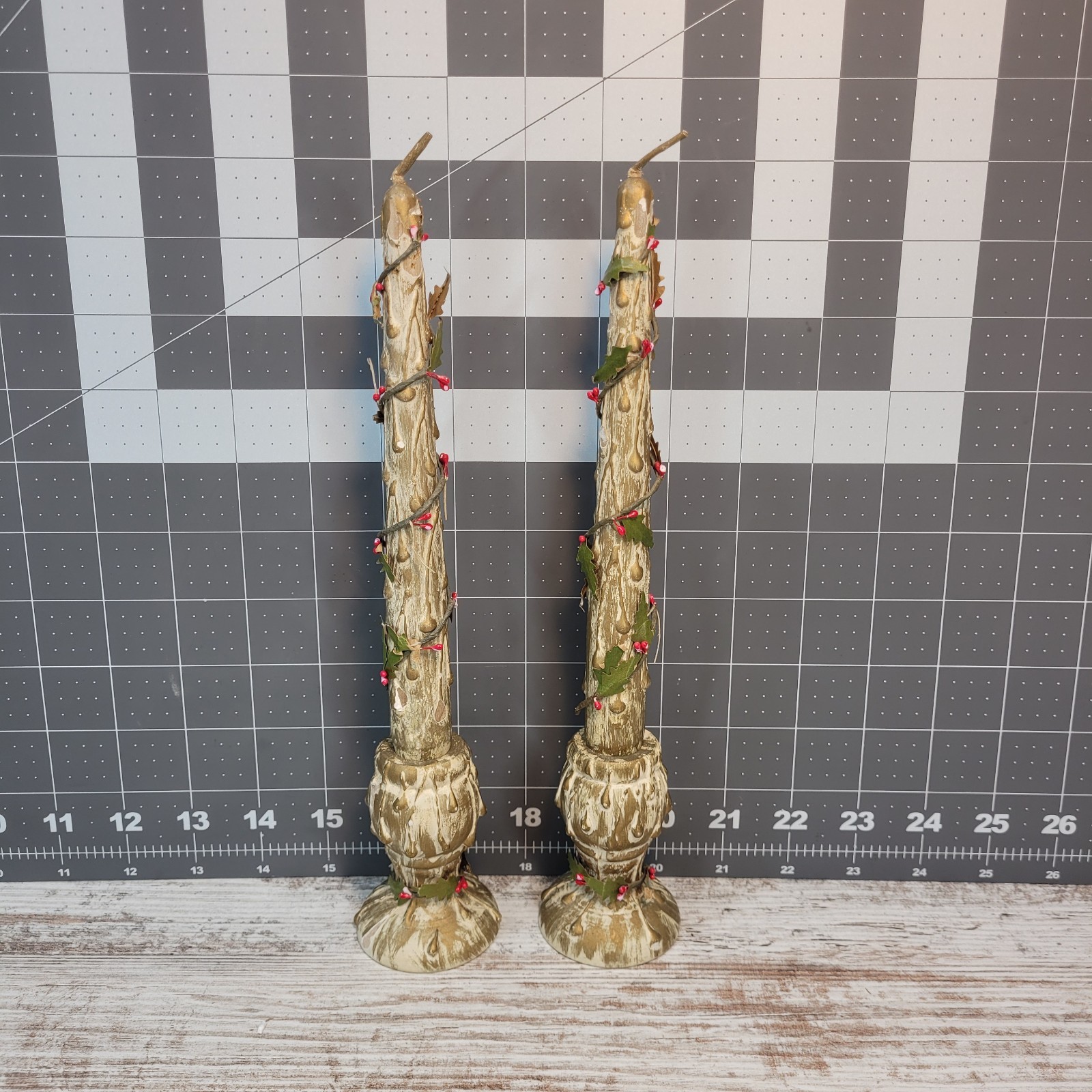 Lipper And Mann Japan Set Wood Candle Sticks & Holders Hand Painted Gold VTG 