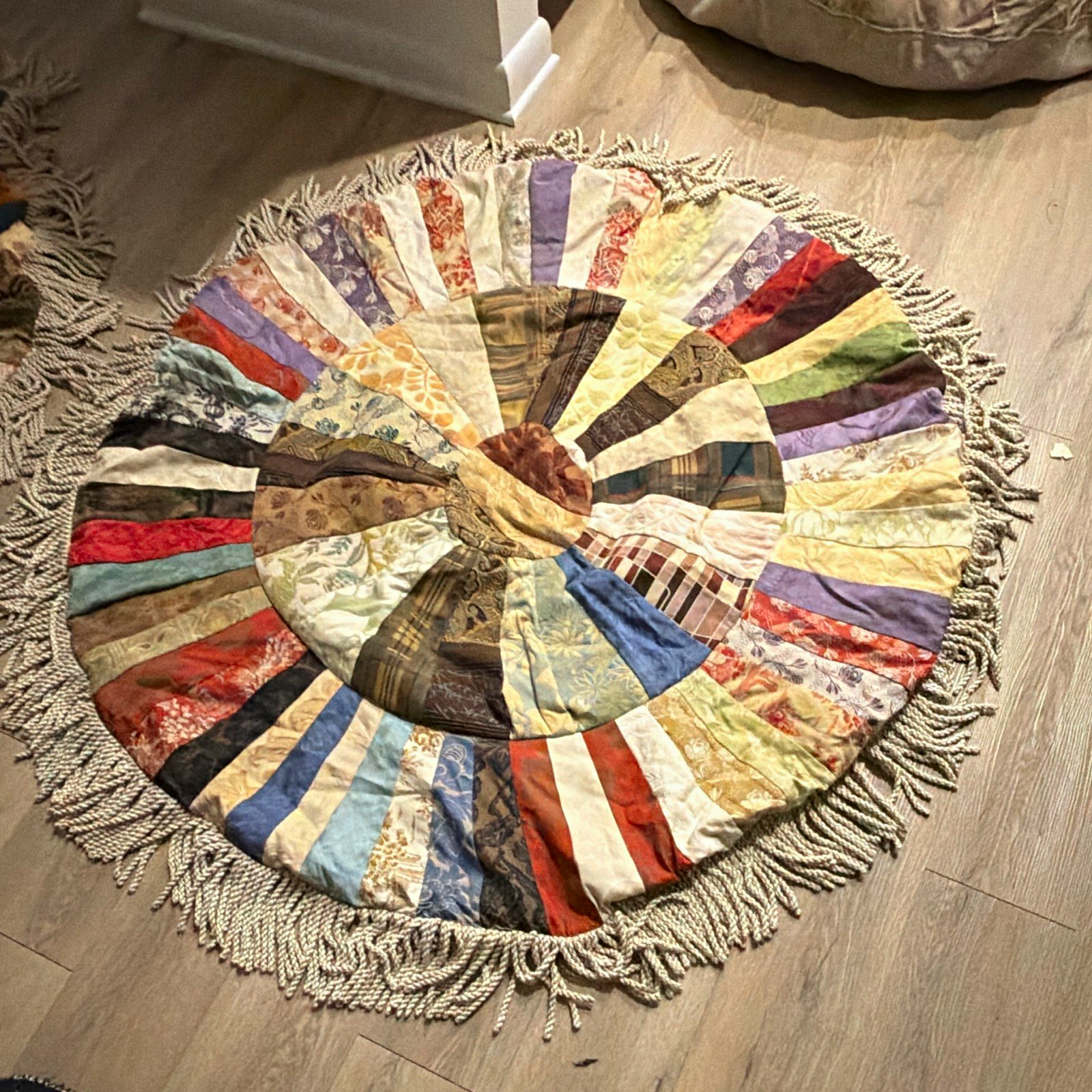 Handmade 58 inch round patchwork floor pillow covers with 6 inch fringe