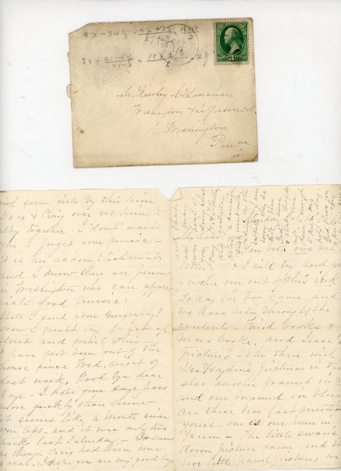 1800s Manuscript Letter to Student Washington PA + Envelope with Algebra Math No 1800s Manuscript Letter to Student Washington PA + Envelope with Algebra Math No