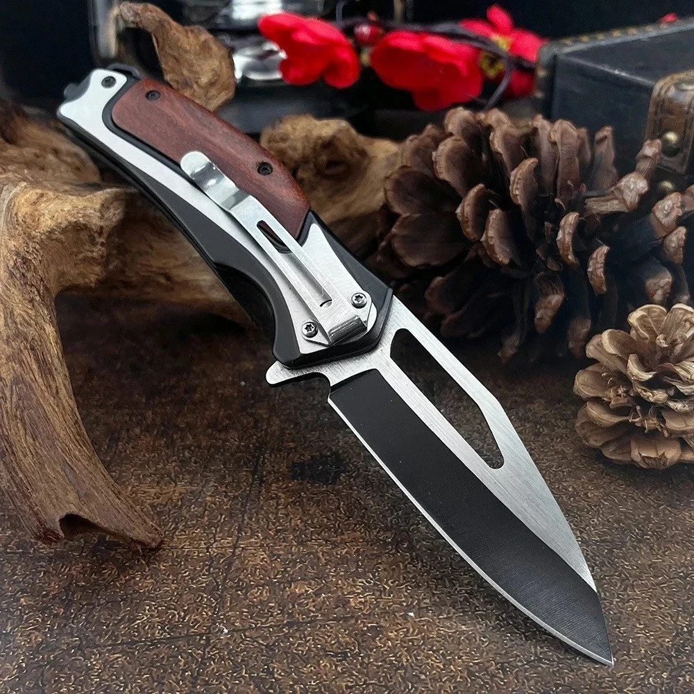 Wood Black Tactical Spring Assisted Open Blade Folding Pocket Knife Hunting.