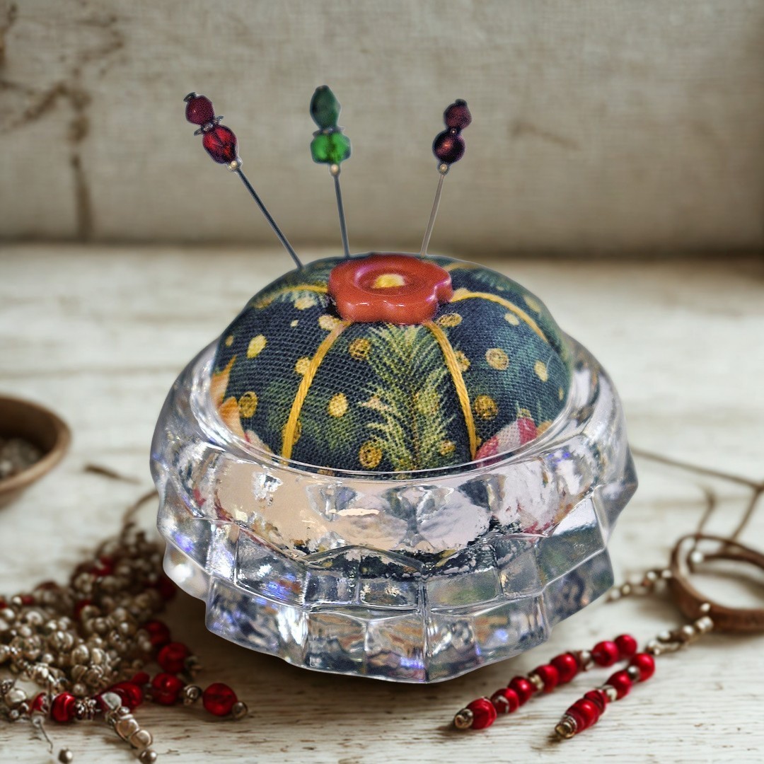 Handmade Fostoria American Individual Salt Pincushion, Full of Vintage Charm