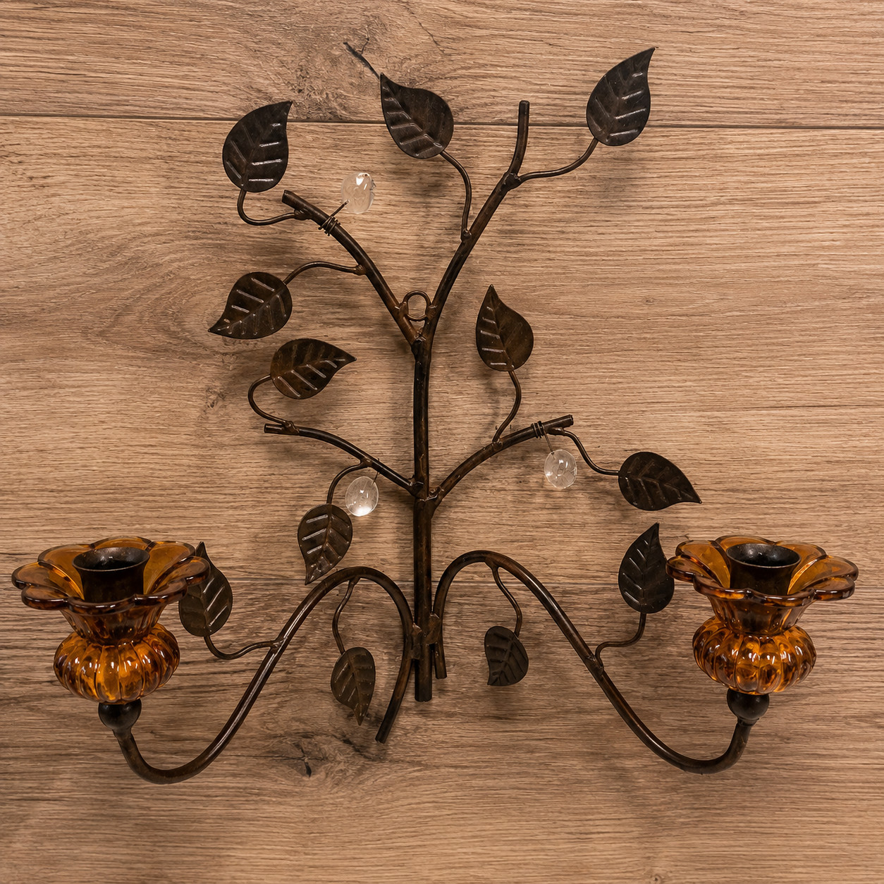 Vintage MCM Iron Wall Sconce Branch W/Leaves & Glass Berries Candlestick Holders Vintage MCM Iron Wall Sconce Branch W/Leaves & Glass Berries Candlestick Holders