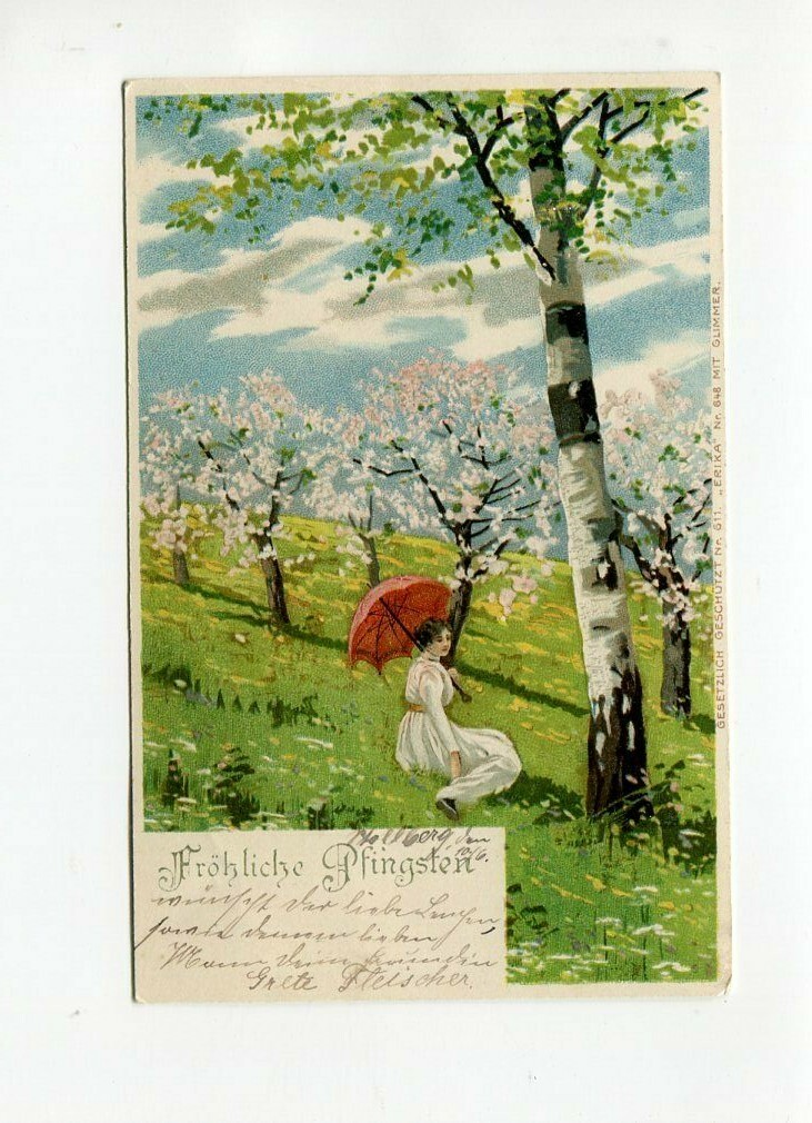 Ancient Ak Pfingstkarte Young Woman With Parasol IN The Meadow 1906 40 Ancient Ak Pfingstkarte Young Woman With Parasol IN The Meadow 1906 40