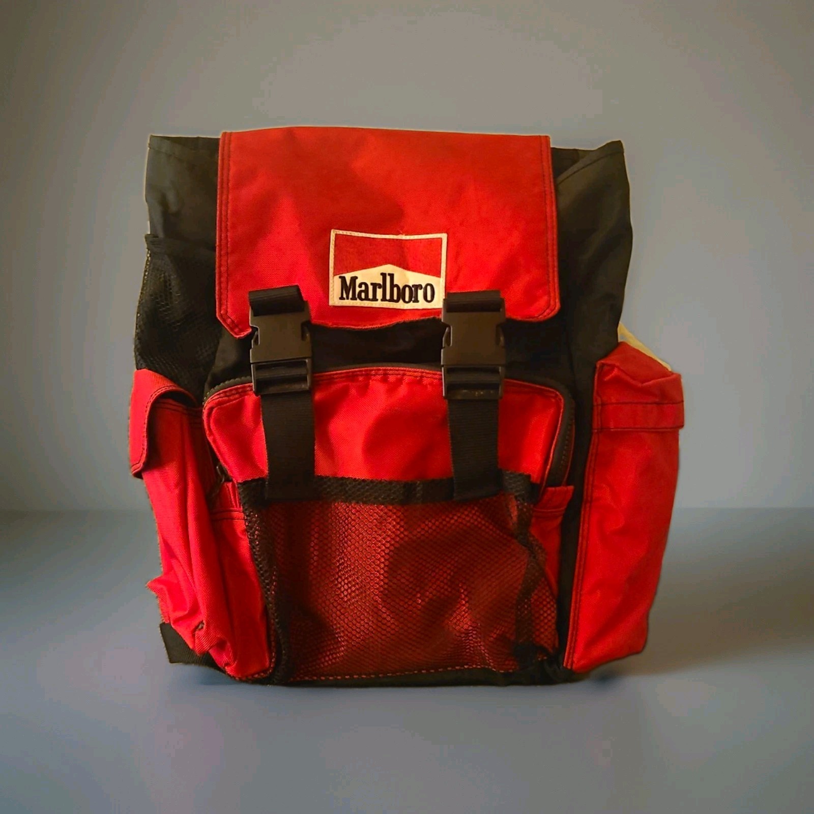 VINTAGE Marlboro Red & Black Backpack Bag with Buckles and Side Pockets