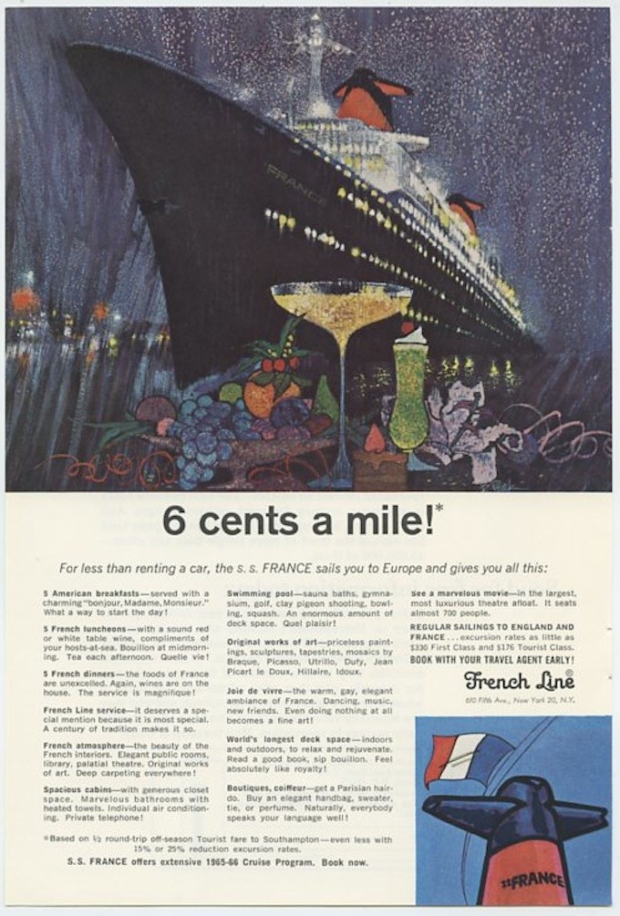 French Line Spacious Cabins Swimming Pool Sauna Baths Gym 1965 Vintage Ad 