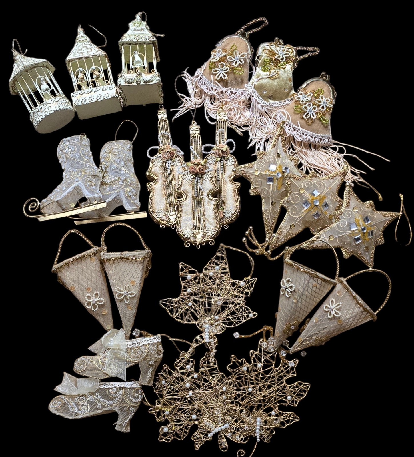 Lot of 23 Victorian Style Gold Christmas Ornaments - Birdcage, Purse, Violin Lot of 23 Victorian Style Gold Christmas Ornaments - Birdcage, Purse, Violin