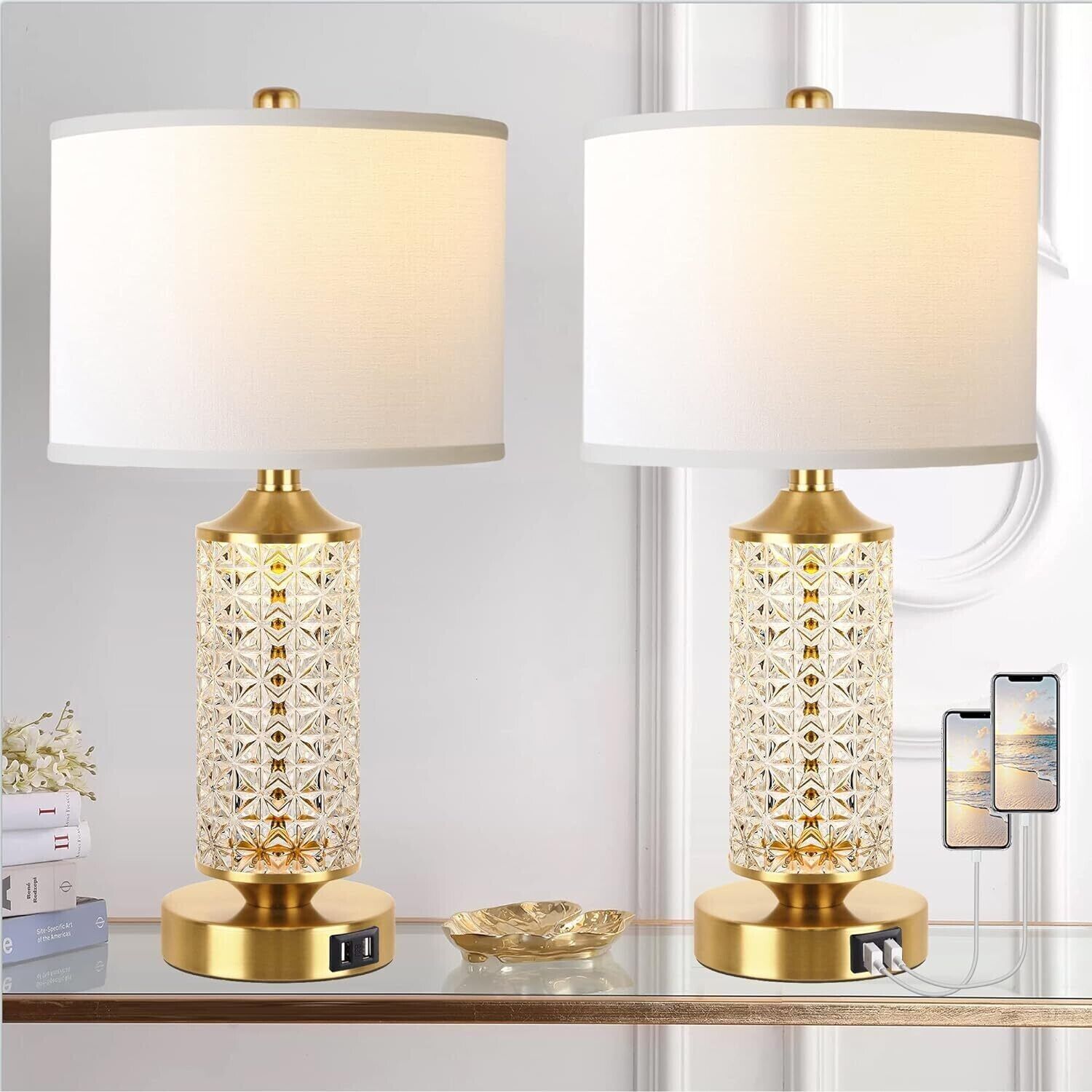 QiMH Set of 2 Table Lamps with USB Ports, Modern Bedside Lamp LED gold
