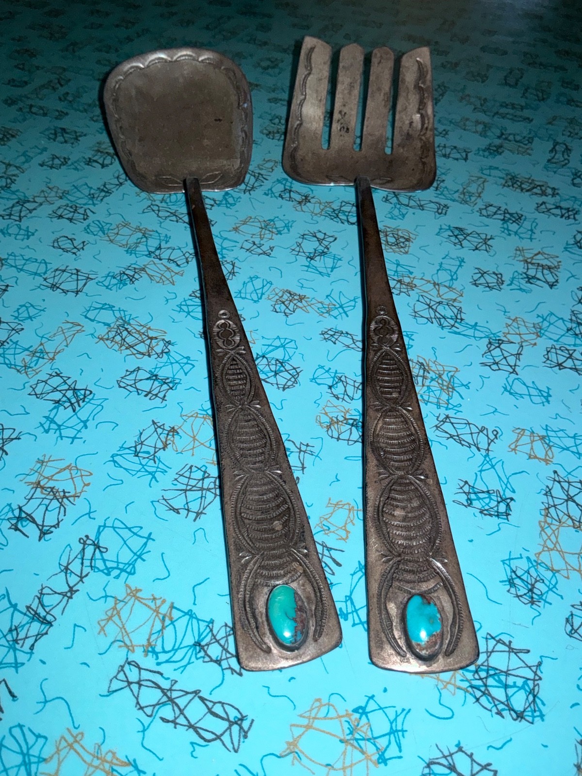 Rare Old Pawn Navajo Silver Stamped Spoon Fork Serving Set - Turquoise - 10 1/4 Rare Old Pawn Navajo Silver Stamped Spoon Fork Serving Set - Turquoise - 10 1/4