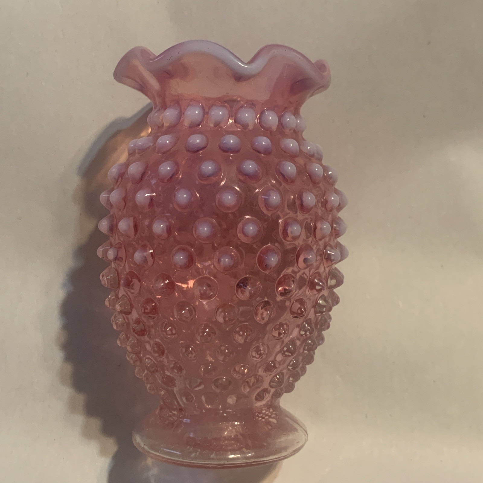 Vintage Mini Fenton Cranberry Opalescent Hobnail Glass Vase Ruffled Rim 3.75” Vintage Mini Fenton Cranberry Opalescent Hobnail Glass Vase Ruffled Rim 3.75”