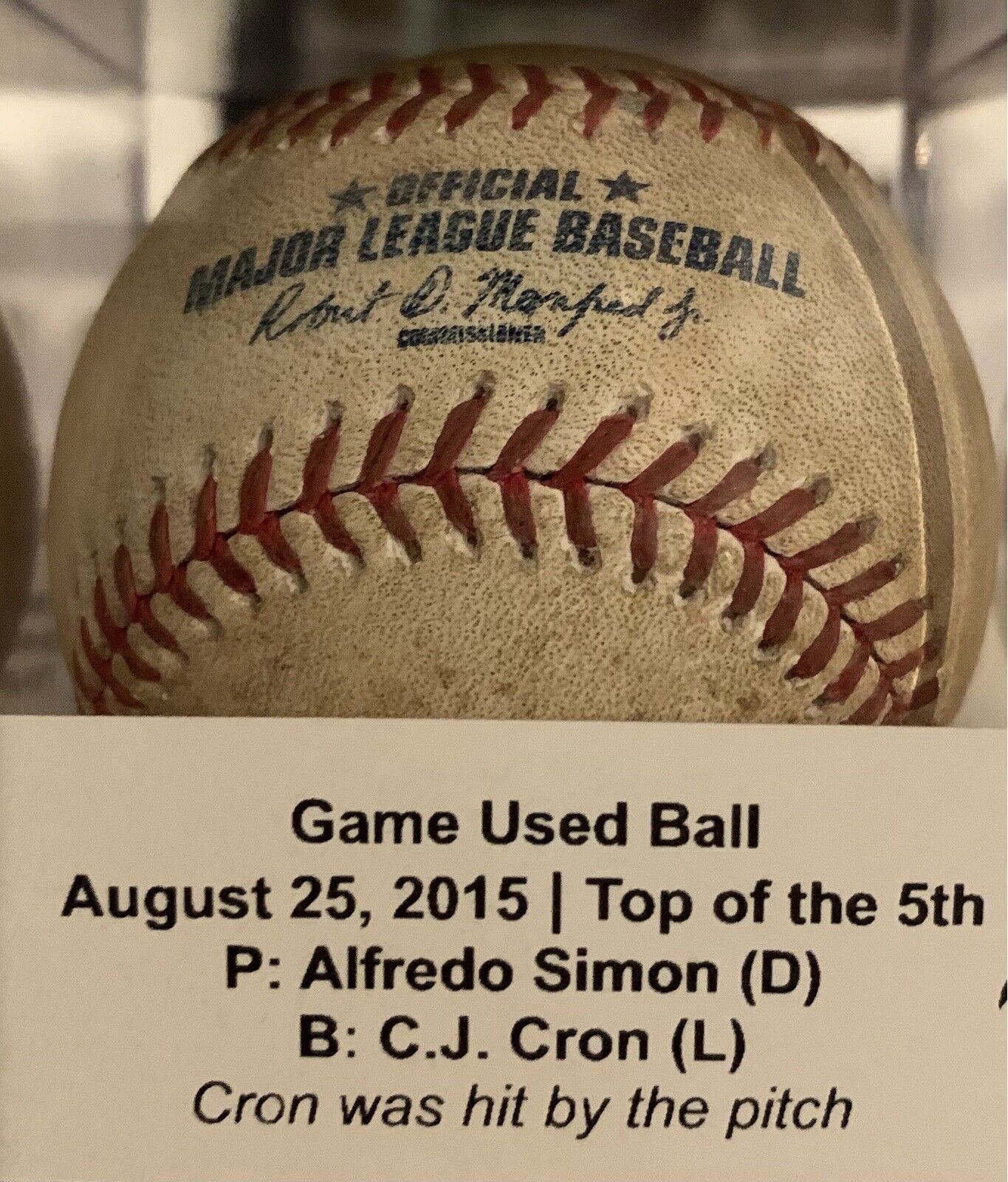 2015 Game Used Baseball Angels vs. Tigers C.J. Cron Hit by Pitch