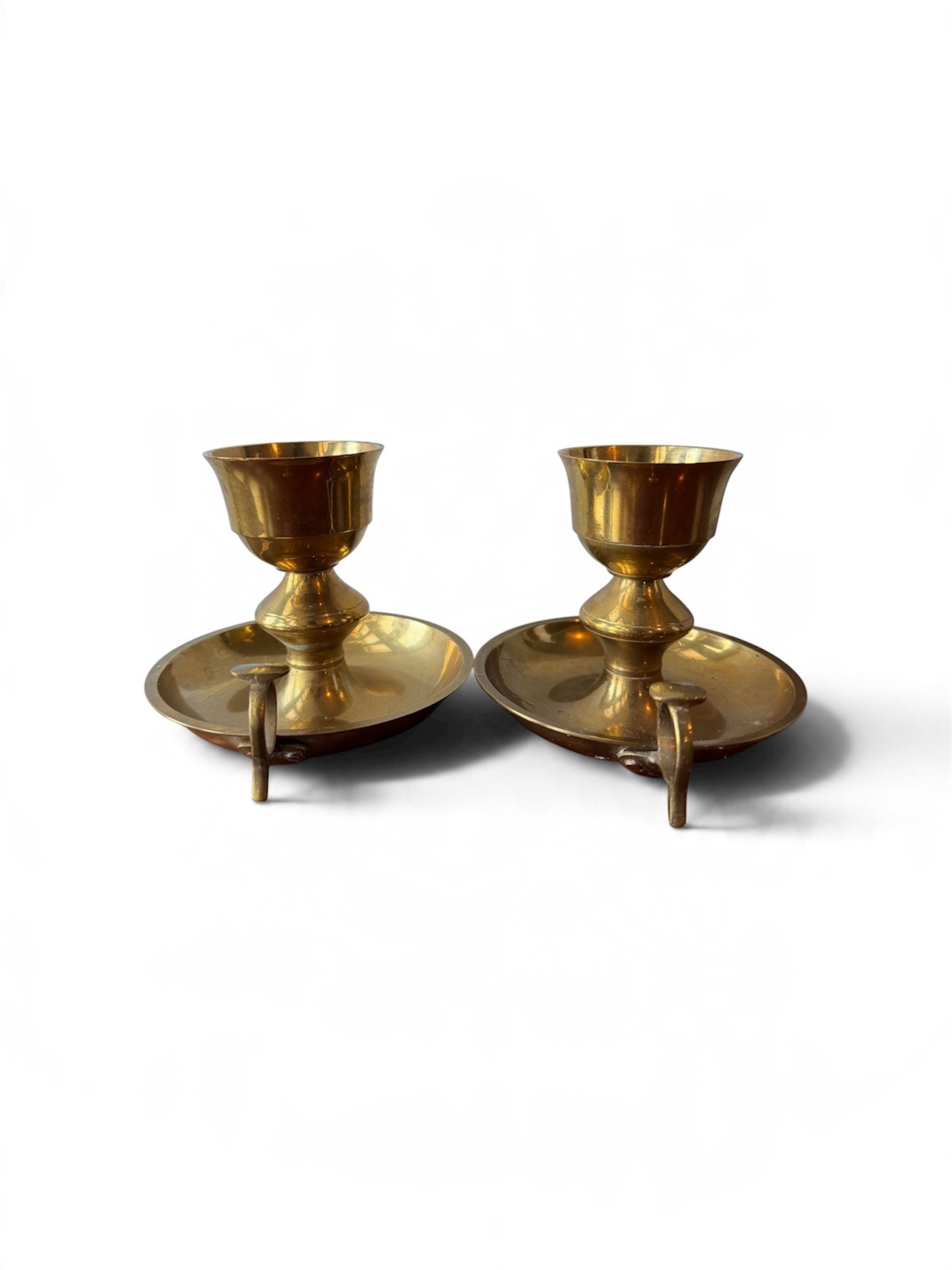Set Of 2 Vintage Brass Candle Holders with Handles and Finger Loops Set Of 2 Vintage Brass Candle Holders with Handles and Finger Loops