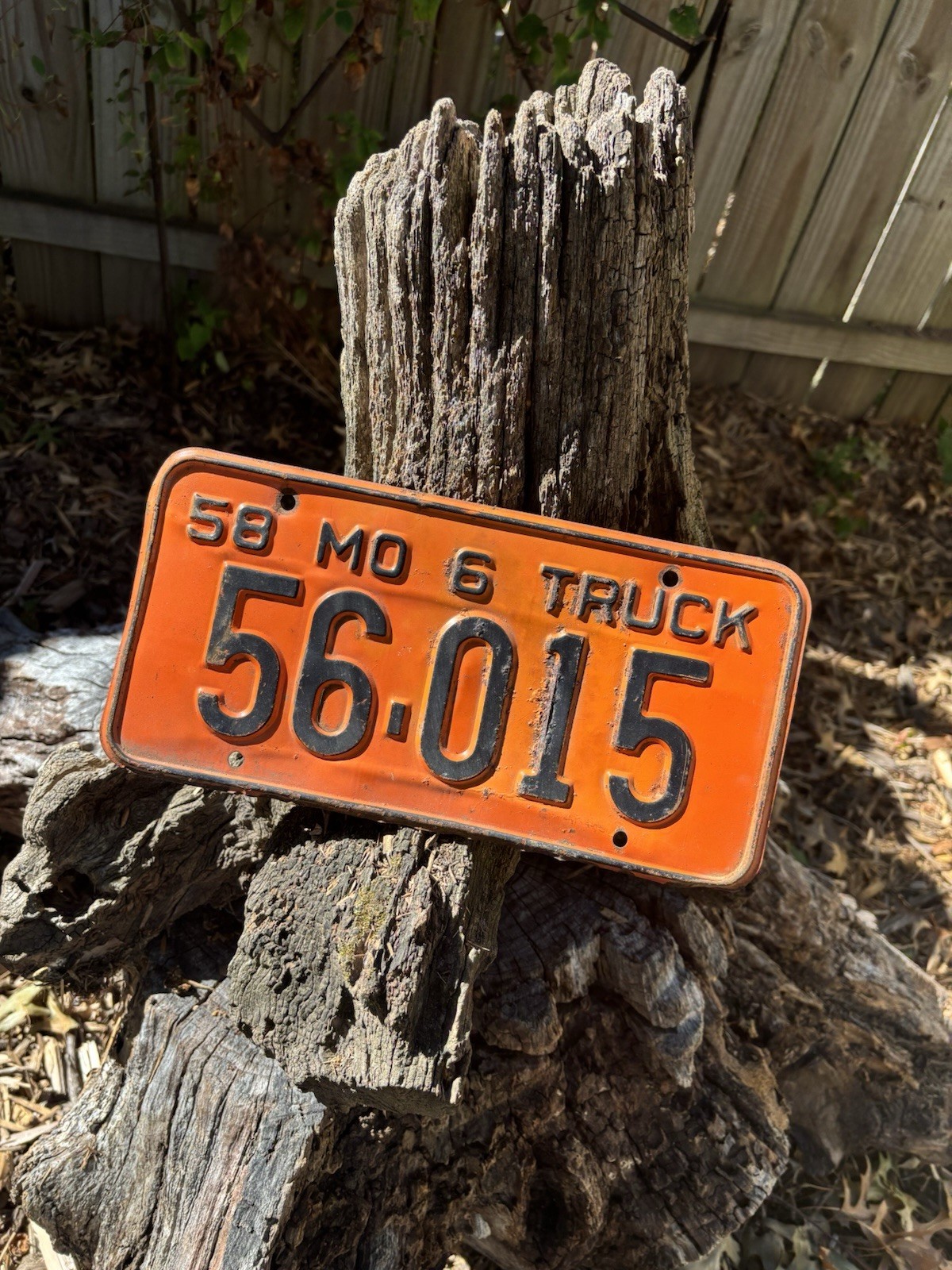 1958 Missouri Truck License Plate # 56-015, orange