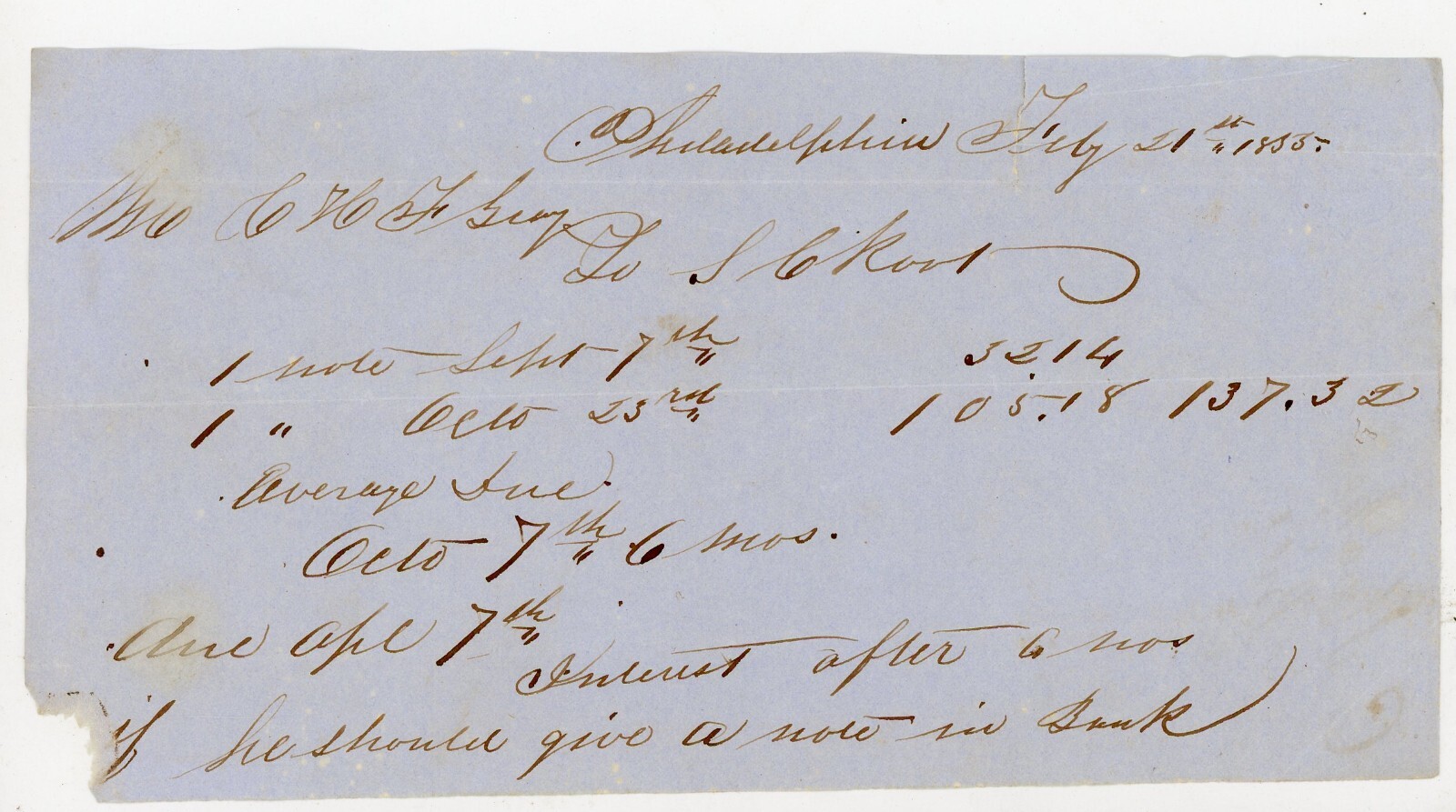 1855 Handwritten Philadelphia Financial Note to S.L. Koot C. Stokes Bill Antique 1855 Handwritten Philadelphia Financial Note to S.L. Koot C. Stokes Bill Antique