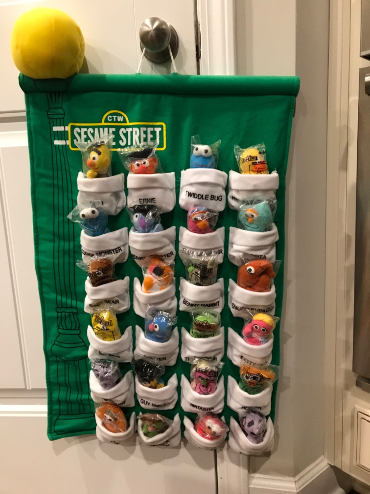 1999 Kelloggs Sesame Street Mini Beans Set of 24 w/ Green Display Hanger, Box 1999 Kelloggs Sesame Street Mini Beans Set of 24 w/ Green Display Hanger, Box