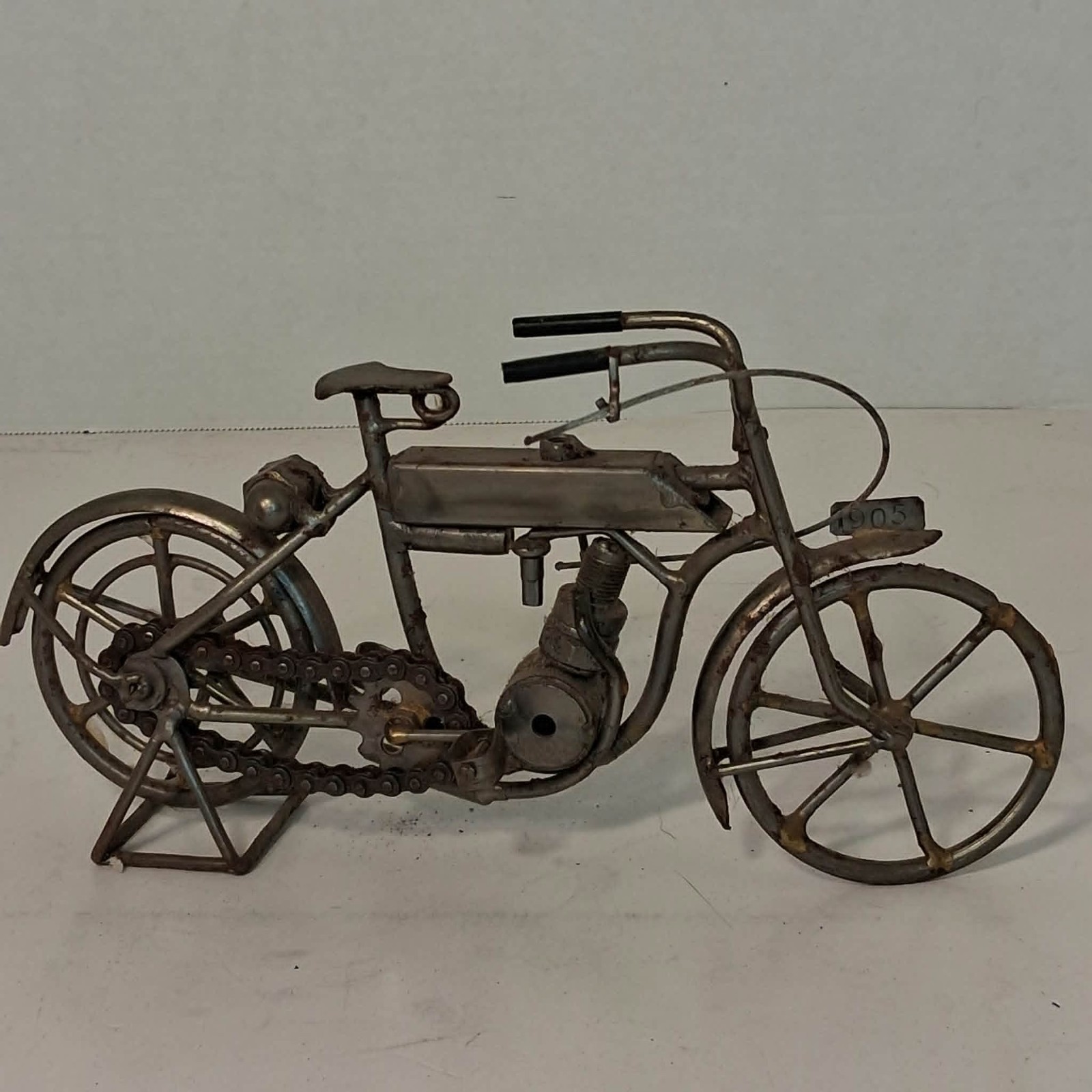 Vintage Metal Scrap Art Motorcycle Figurine Working Mechanical Chain Pedals 1905 Vintage Metal Scrap Art Motorcycle Figurine Working Mechanical Chain Pedals 1905