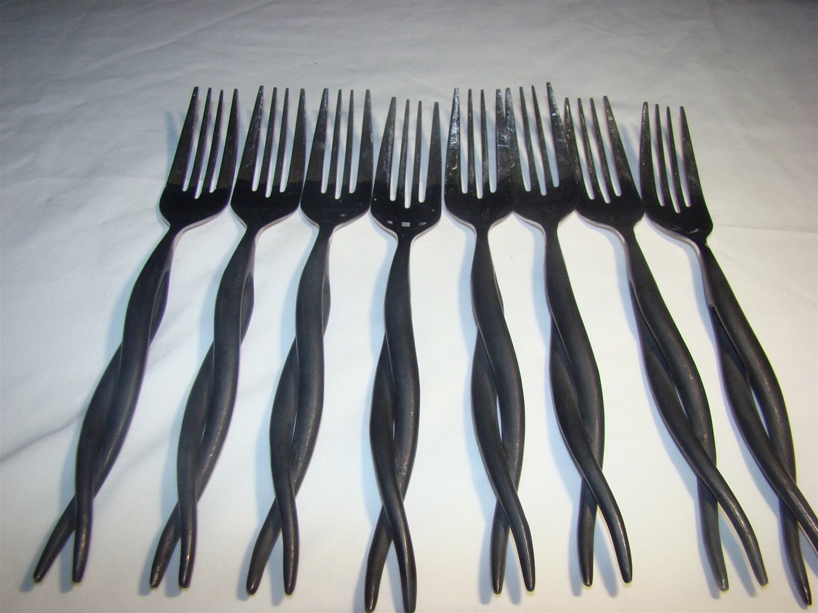 8 Twirl Dinner Forks Hand Made By Gourmet Settings, Black Satin Twisted Handle 8 Twirl Dinner Forks Hand Made By Gourmet Settings, Black Satin Twisted Handle
