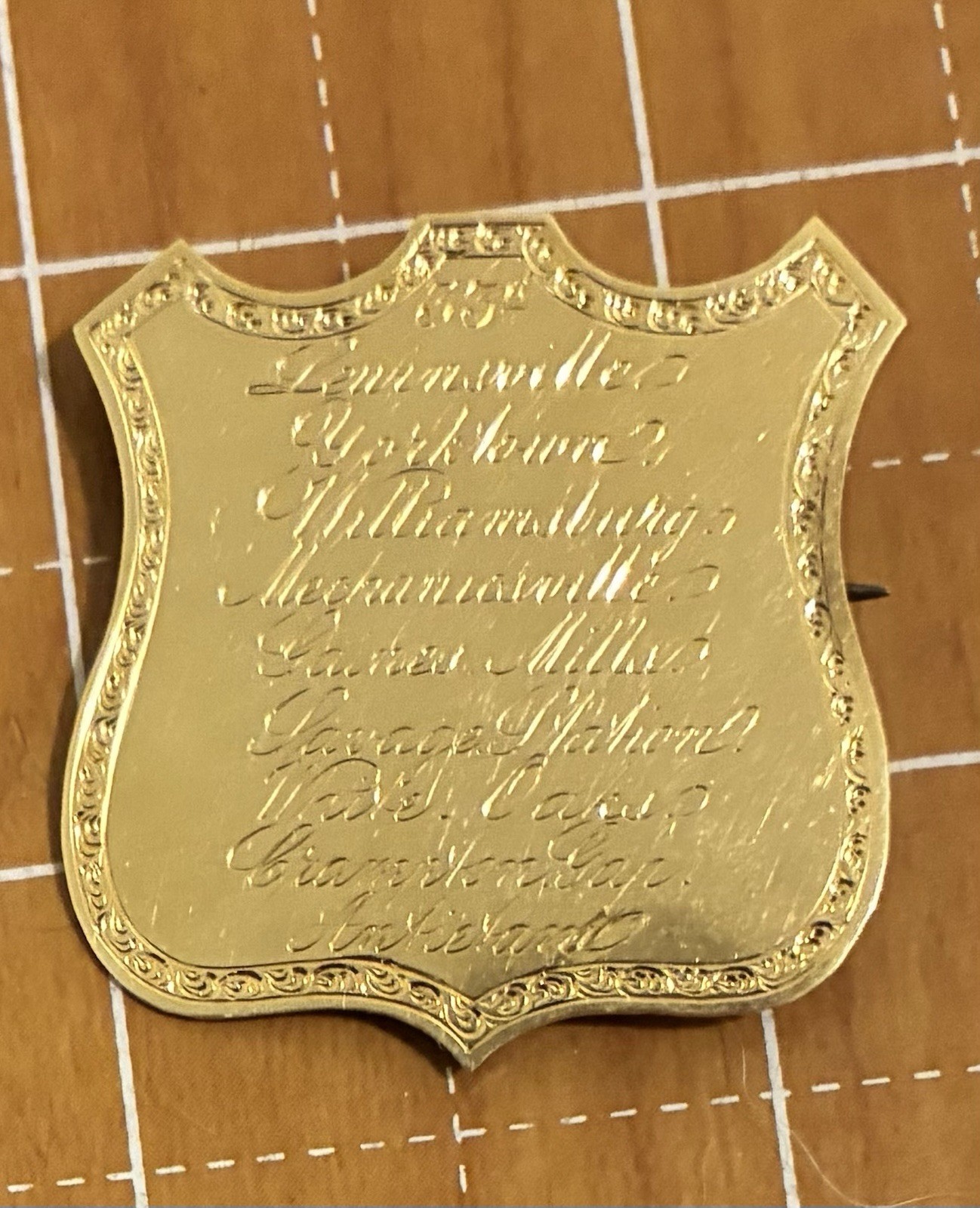 Rare Civil War 14K Gold Shield Engraved With Battle Areas 33rd New York Infantry Rare Civil War 14K Gold Shield Engraved With Battle Areas 33rd New York Infantry