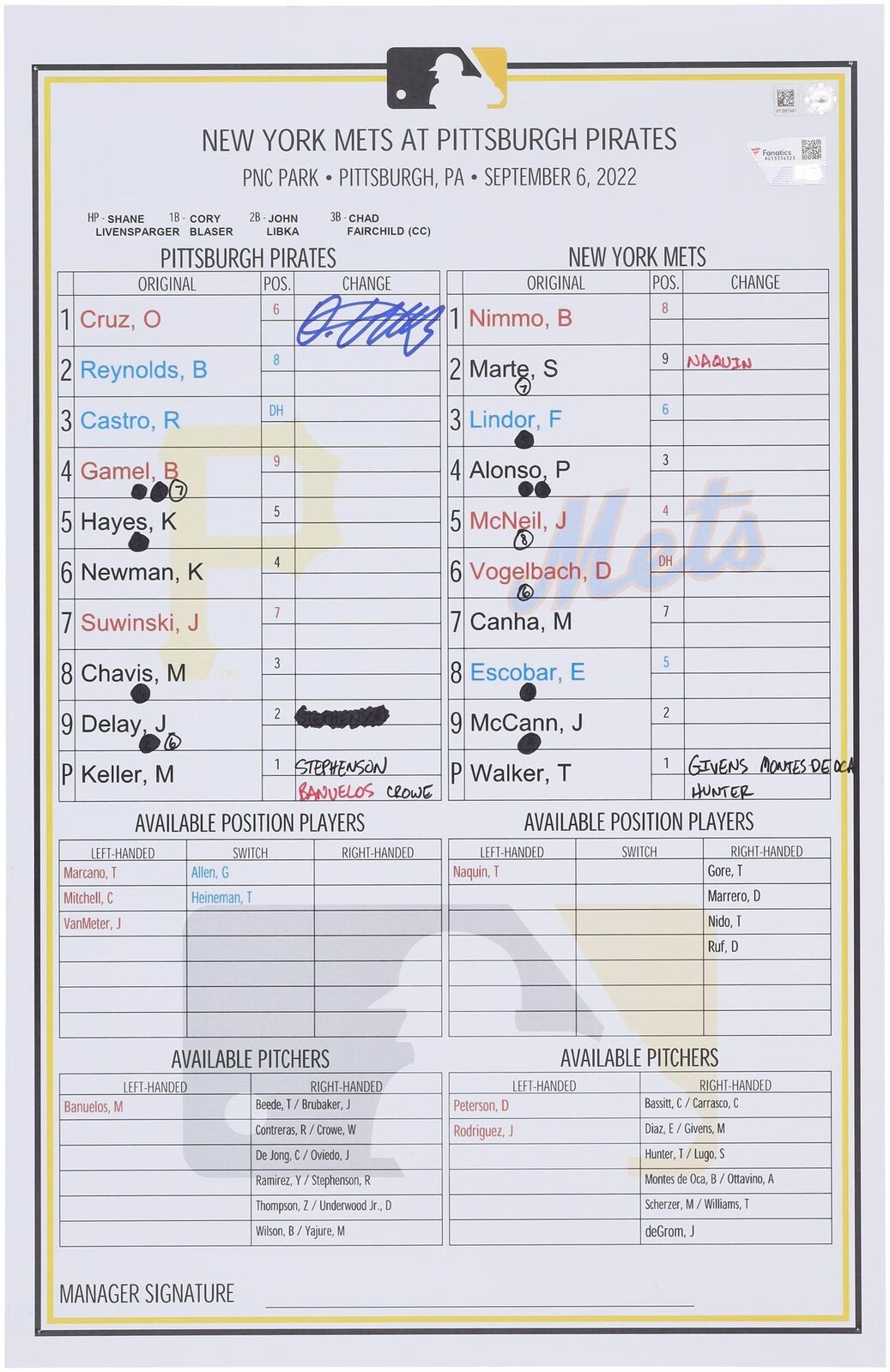 Oneil Cruz Pittsburgh Pirates Signed GU Lineup Card vs New York Mets on 9/6/2022