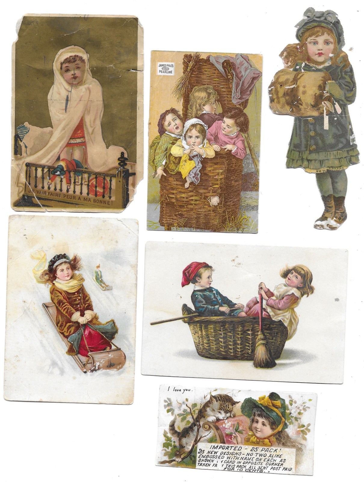 6 Antique Pyle's Pearline AD CARDS using CHILDREN + FLYNN Bros. Somerville Mass. 6 Antique Pyle's Pearline AD CARDS using CHILDREN + FLYNN Bros. Somerville Mass.