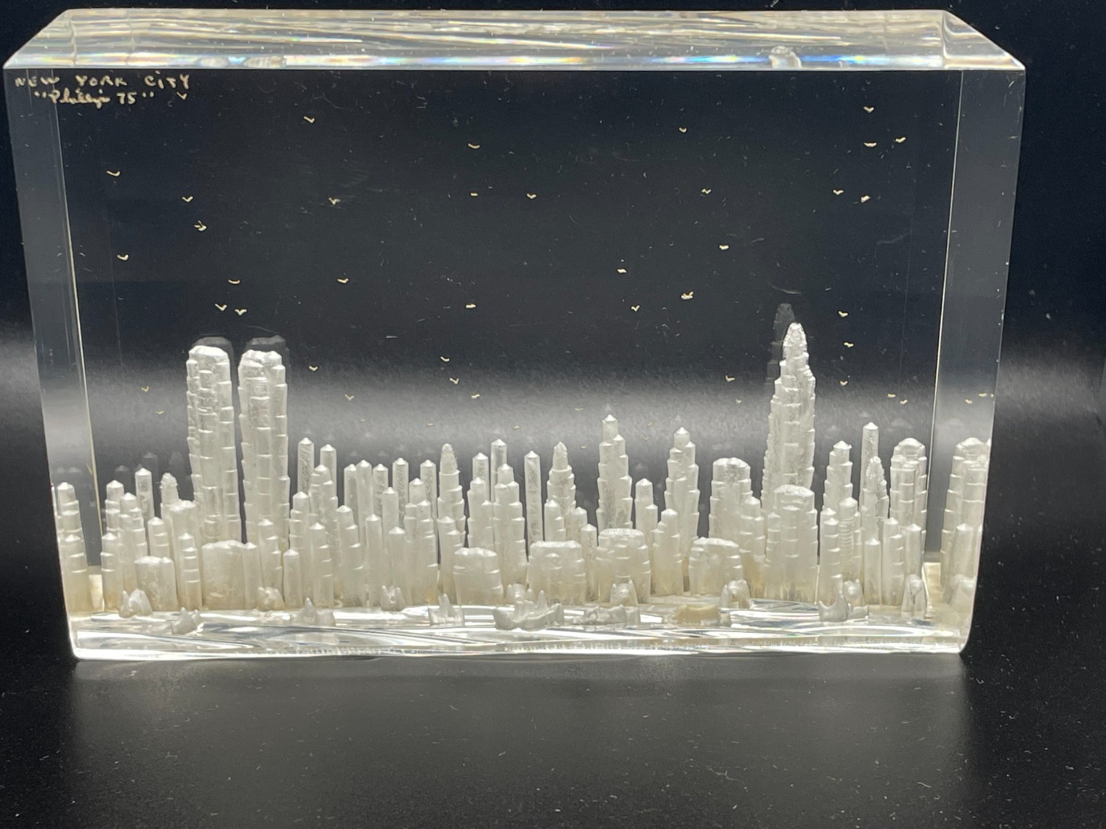 Vintage Phillips 1975 Lucite Manhattan Skyline Block Sculpture Rare