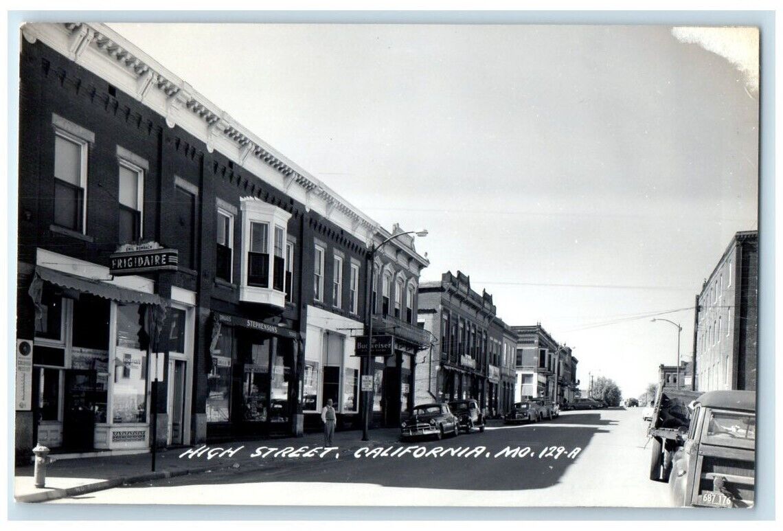 c1950's High Street Frigidaire Budweiser View California MO RPPC Photo Postcard