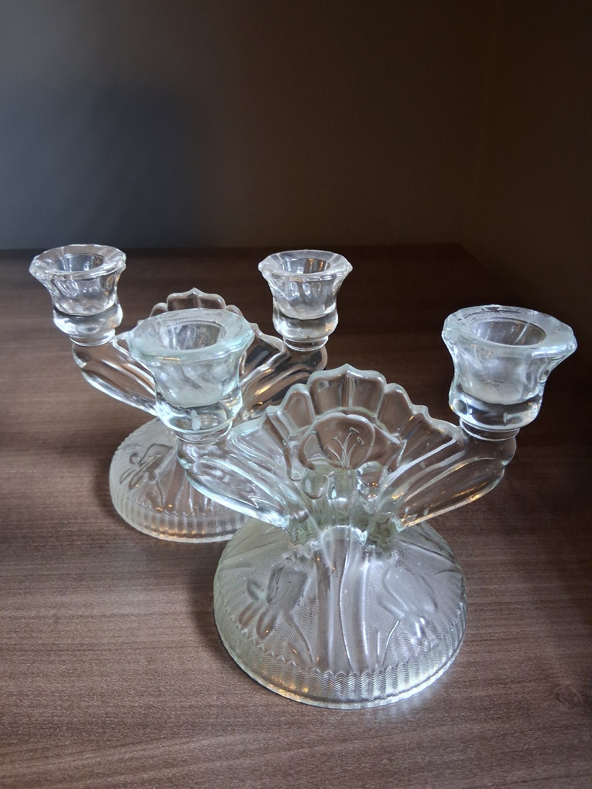 2 Jeannette Iris & Herringbone Clear Double Glass Candlestick Holders