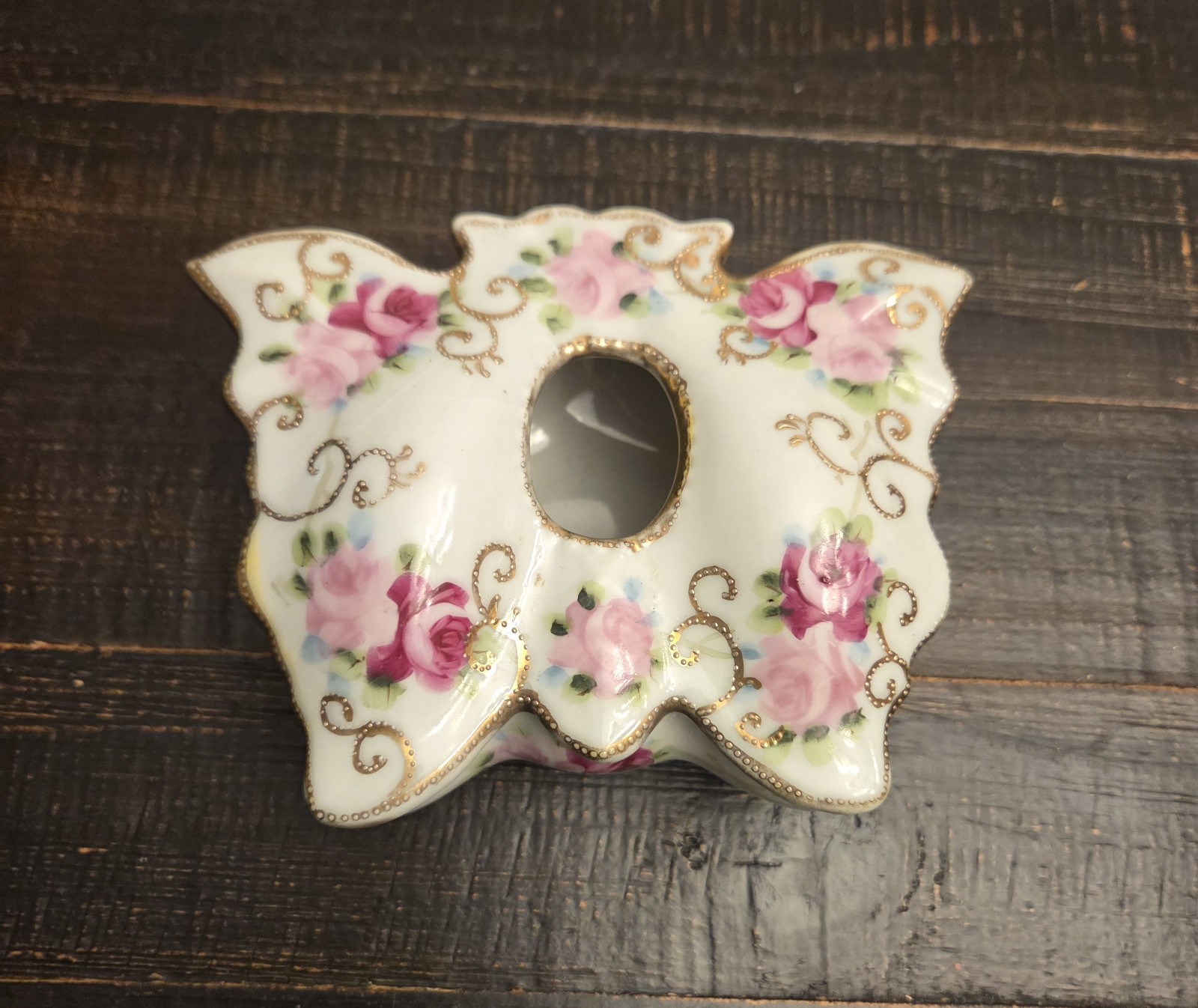 Antique Hair Receiver Nippon Moriage Hand Painted Green Pink, roses Antique Hair Receiver Nippon Moriage Hand Painted Green Pink, roses