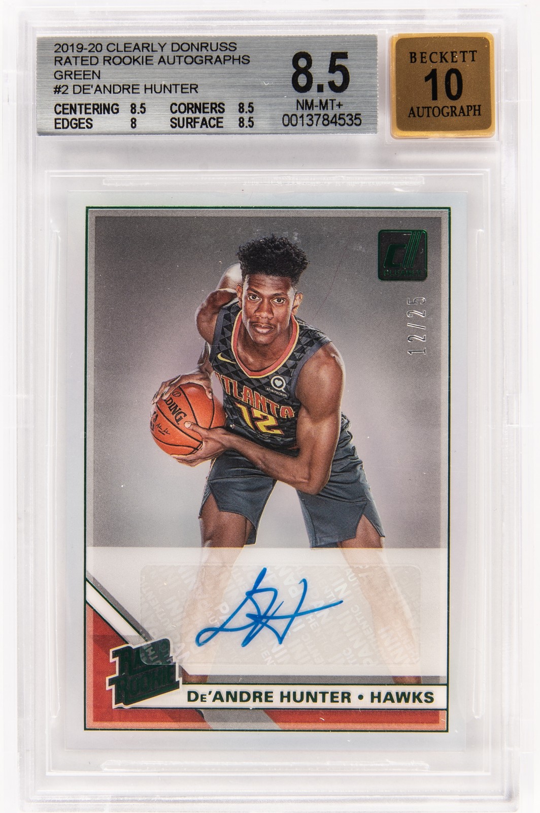 2019-20 CLEARLY DONRUSS RATED ROOKIE AUTOS GREEN #2 DE'ANDRE HUNTER BGS 8.5
