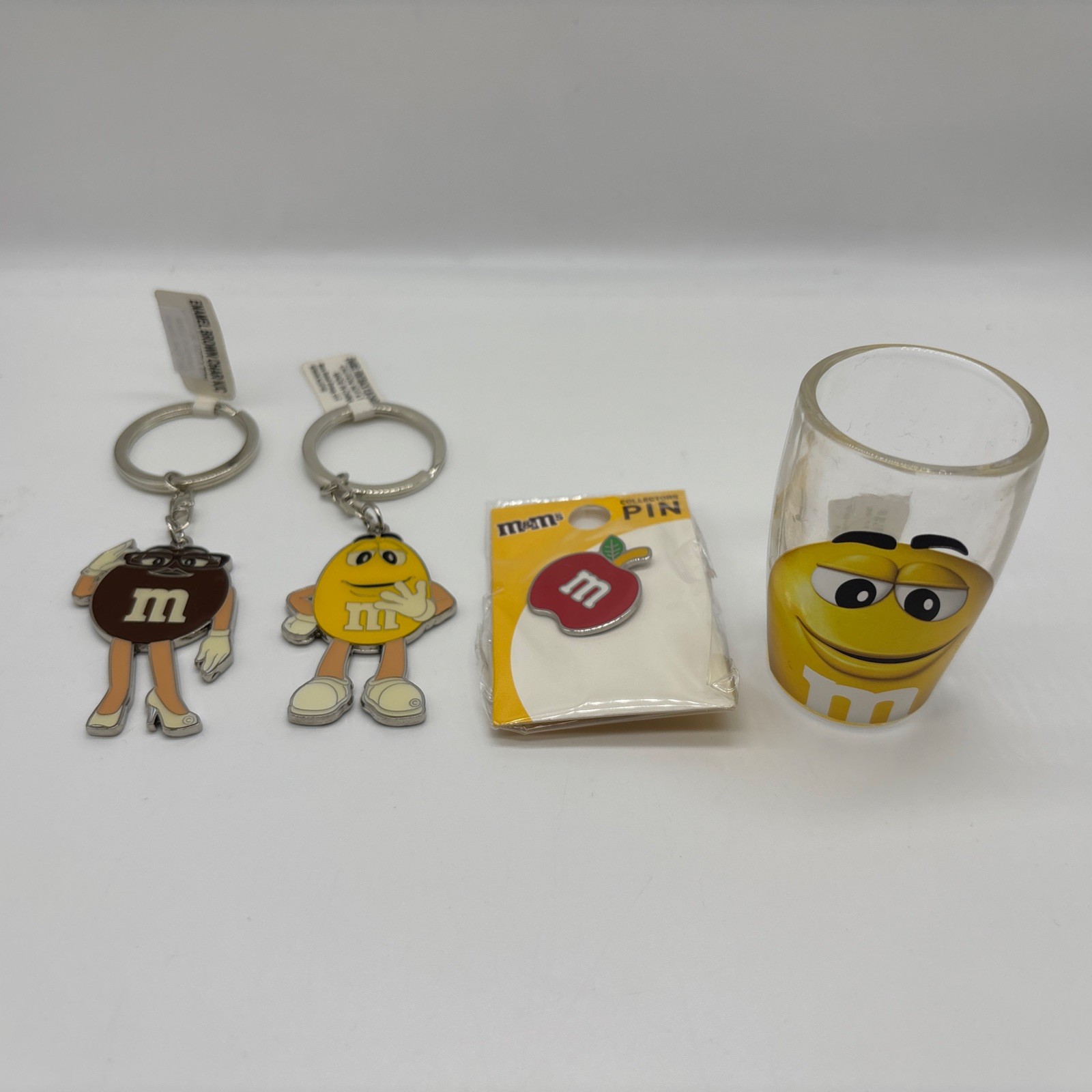M&M\'s Collectible Lot 4Pcs Enamel Keychains Red Apple Pin Yellow Shot Glass