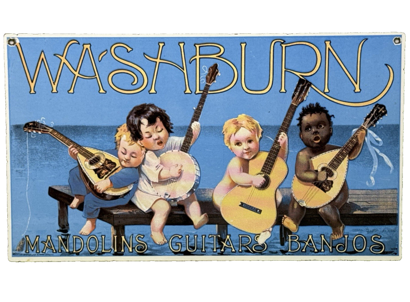 VINTAGE WASHBURN GUITARS PORCELAIN SIGN SALES SERVICE BANJOS MANDOLINS GAS OIL