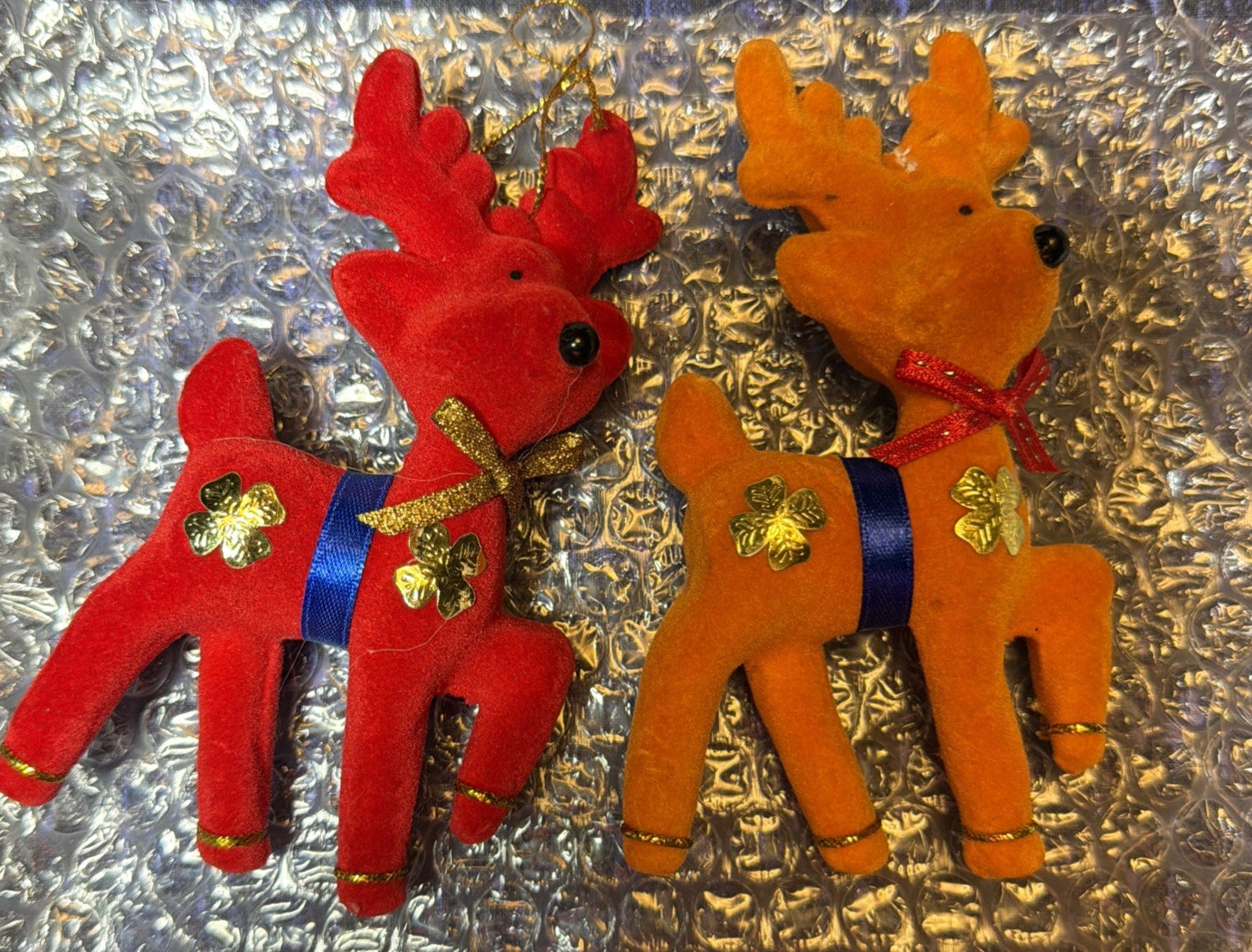 Vtg 1960s Flocked Christmas Reindeer Ornaments Pair Orange Rare & Red Deer