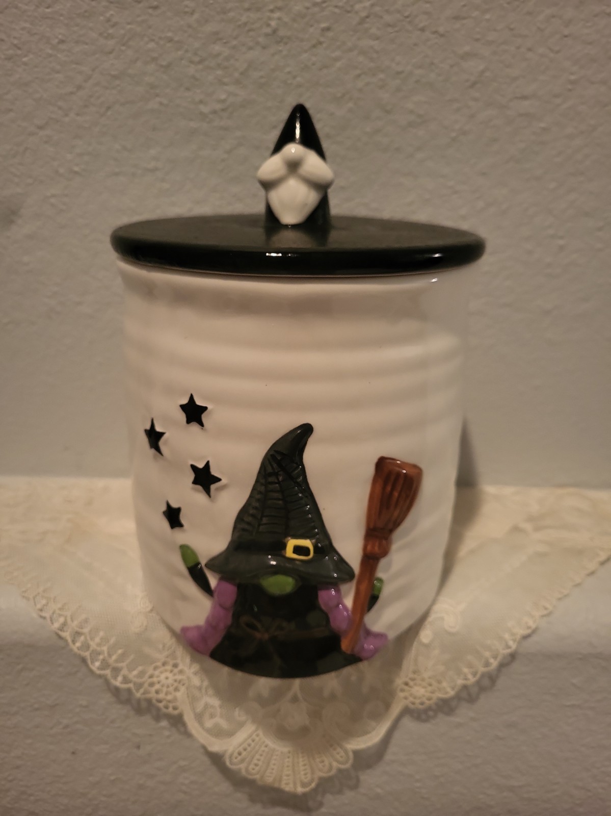 Cobwebs & Cauldrons Halloween Witch Canister Jar Two Different Sides Cobwebs & Cauldrons Halloween Witch Canister Jar Two Different Sides