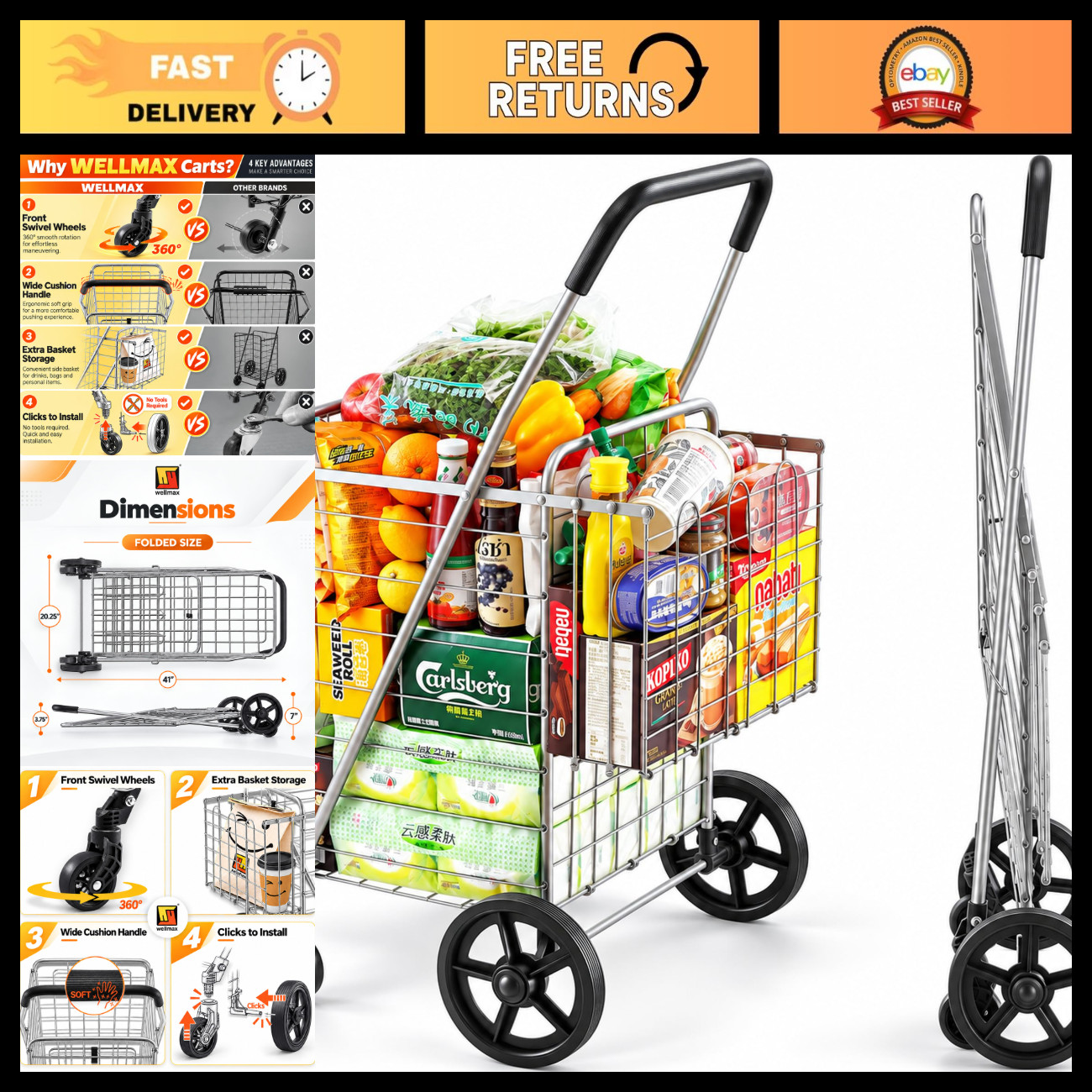 Wellmax Folding Shopping Cart for Seniors, Metal Grocery Cart, 66 lb Max