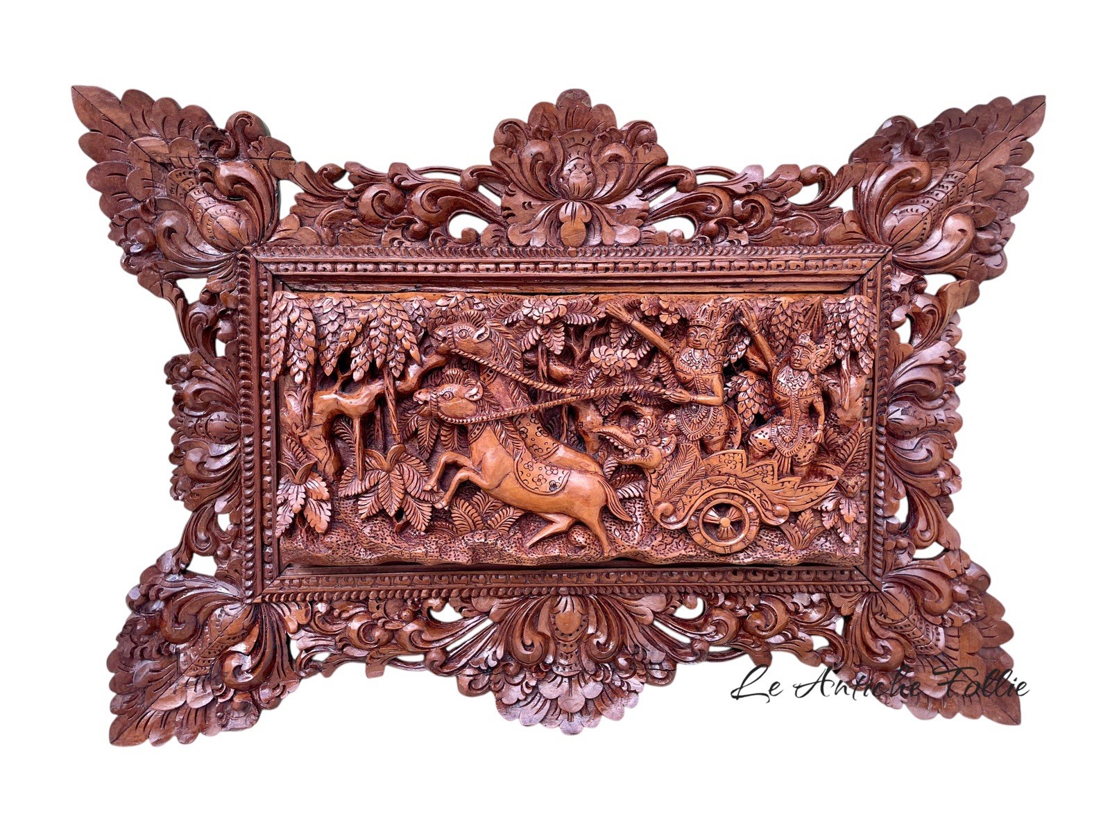 Antique Balinese Hand Carved Teak Wood Panel - Mythological Scene