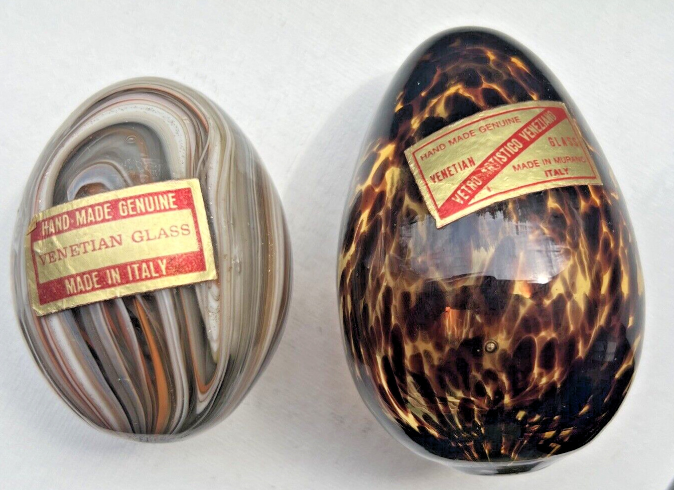 2 Vintage Hand Made Italy Venetian Glass Egg w/Sticker Set of 2